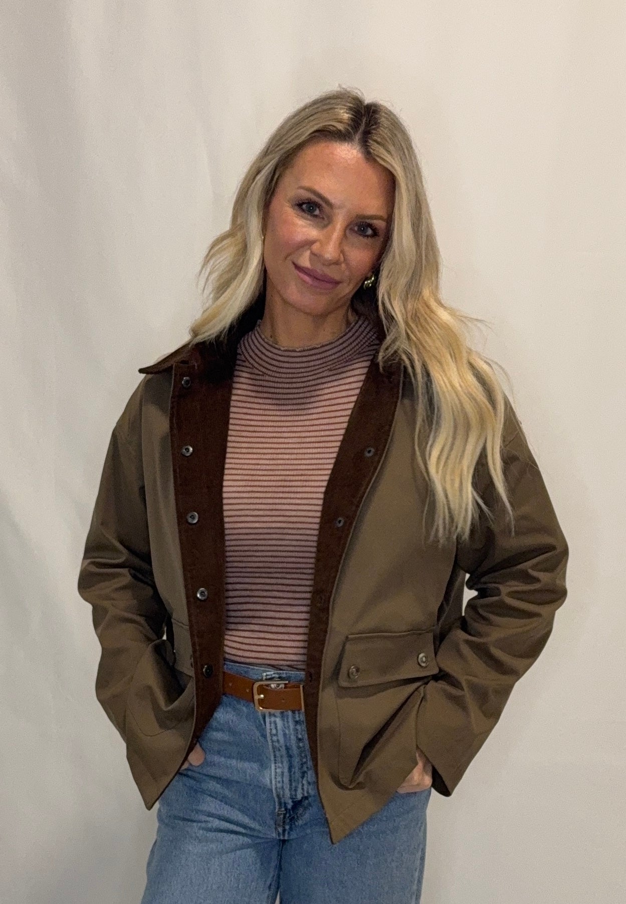 Barn Jacket with Corduroy Collar and Snap Pockets