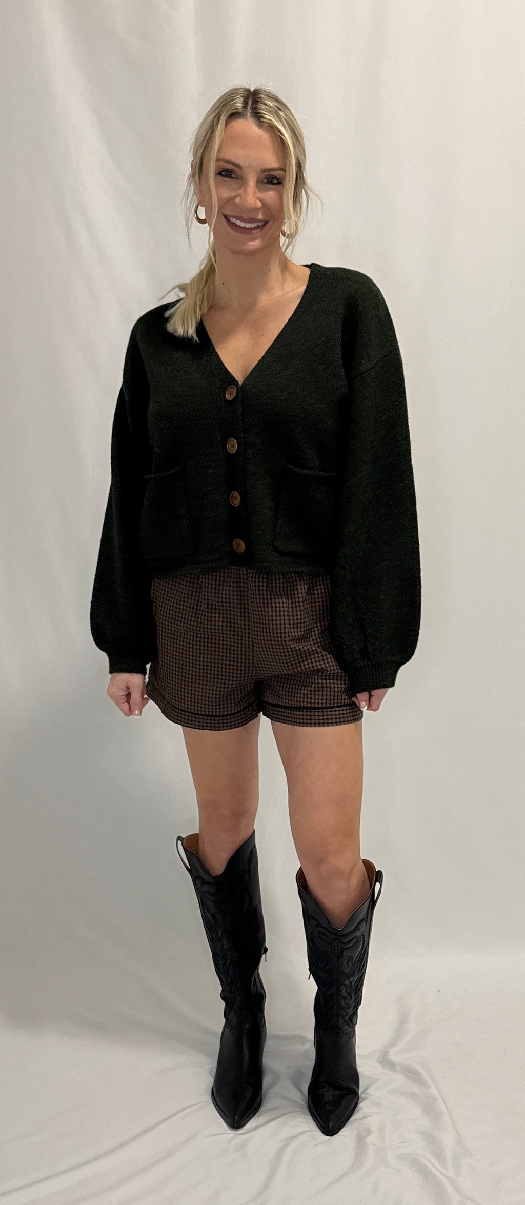 V-Neck Cuff Button-Up Long Sleeve Cardigan Sweater
