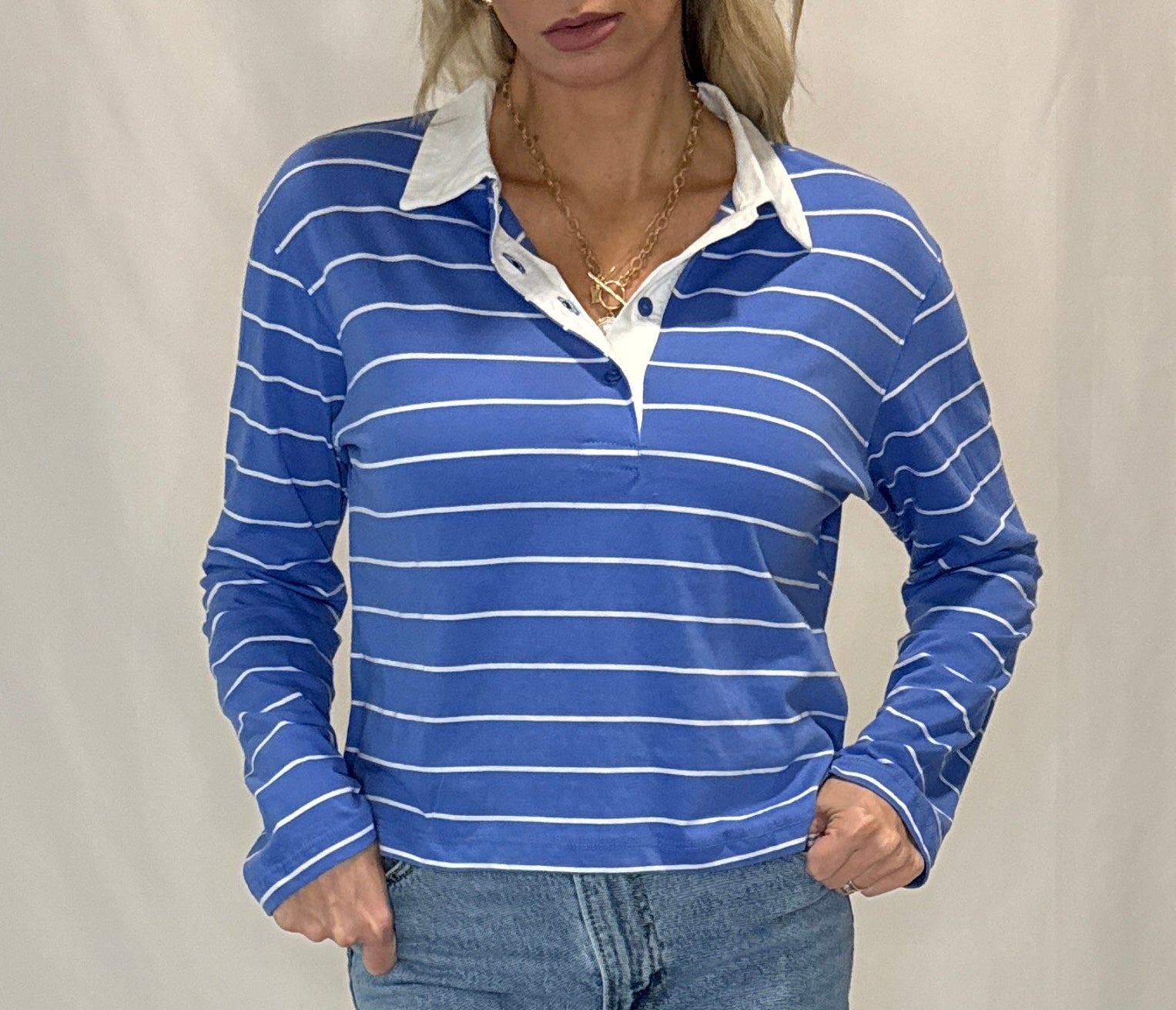 Long Sleeve Stripe Cotton Polo Shirt