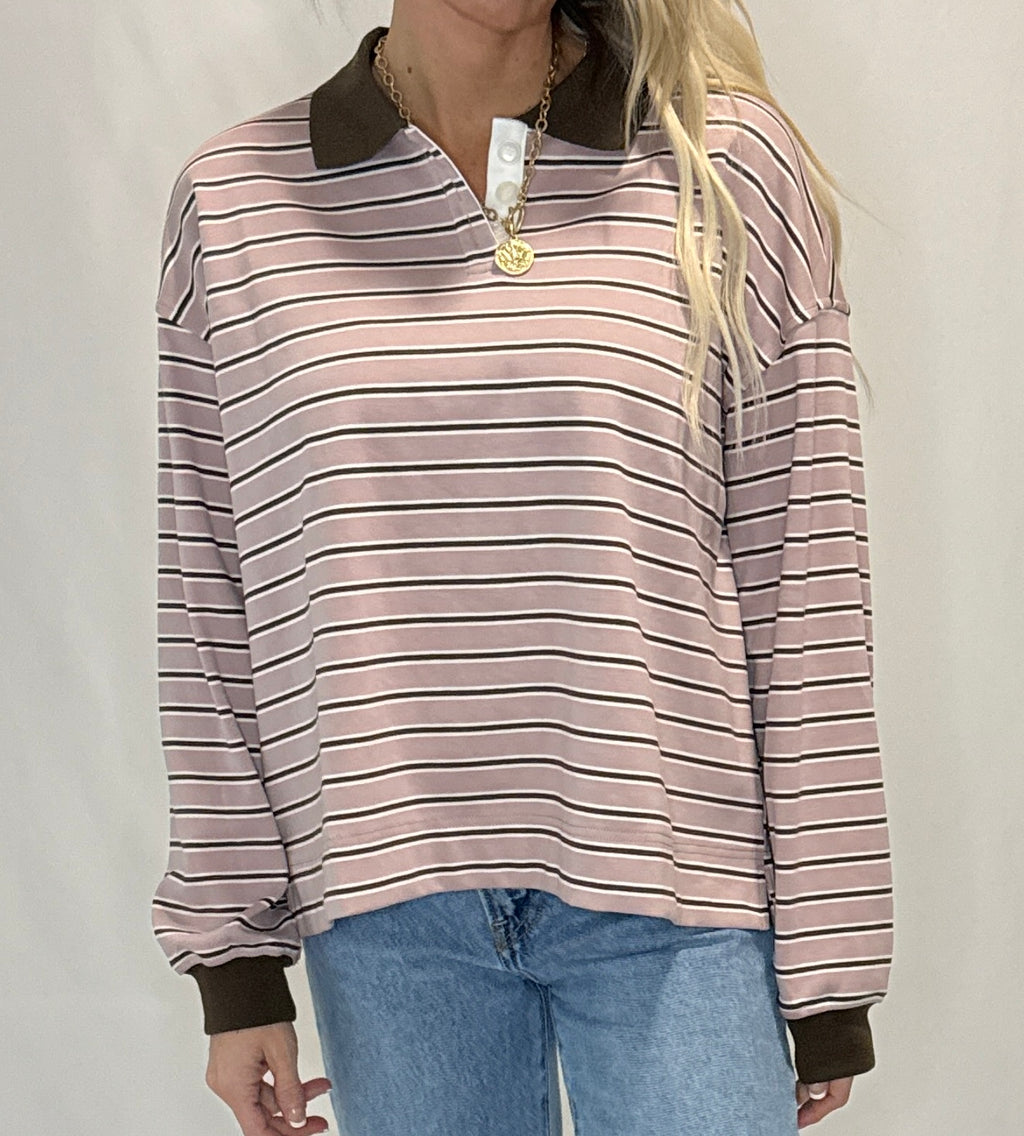 Quarter-Button Striped Collared Long Sleeve Top