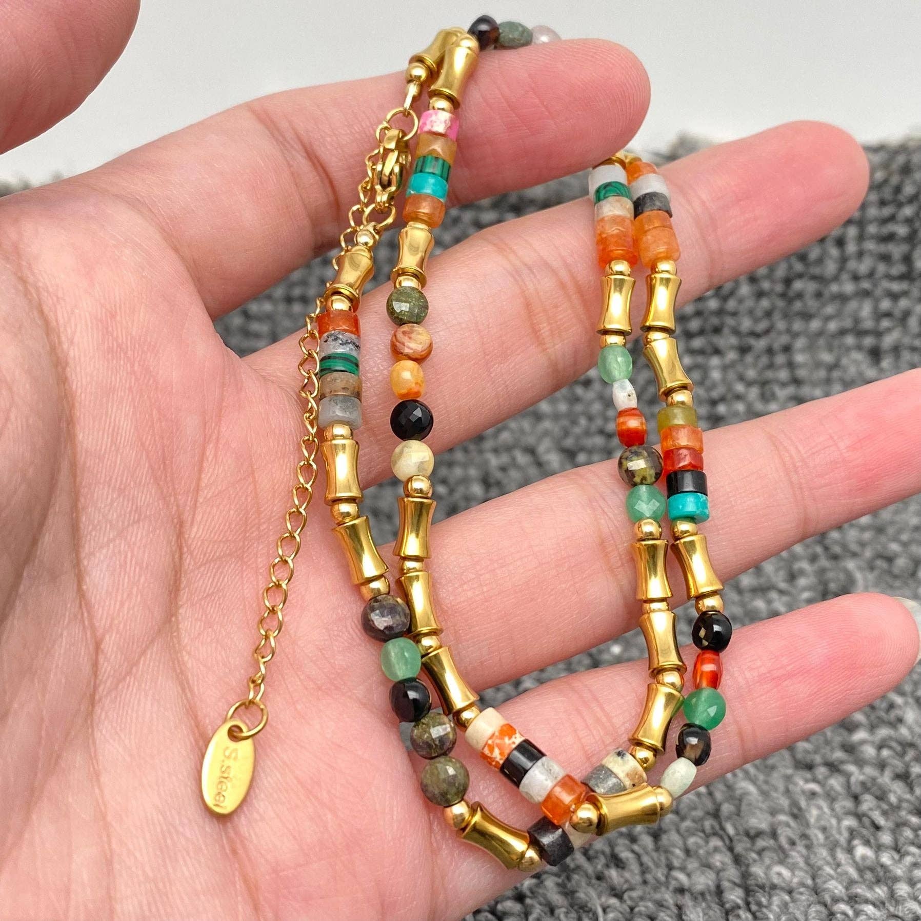 Crystal & Stone & 18K Gold Plated SS Beaded Necklace