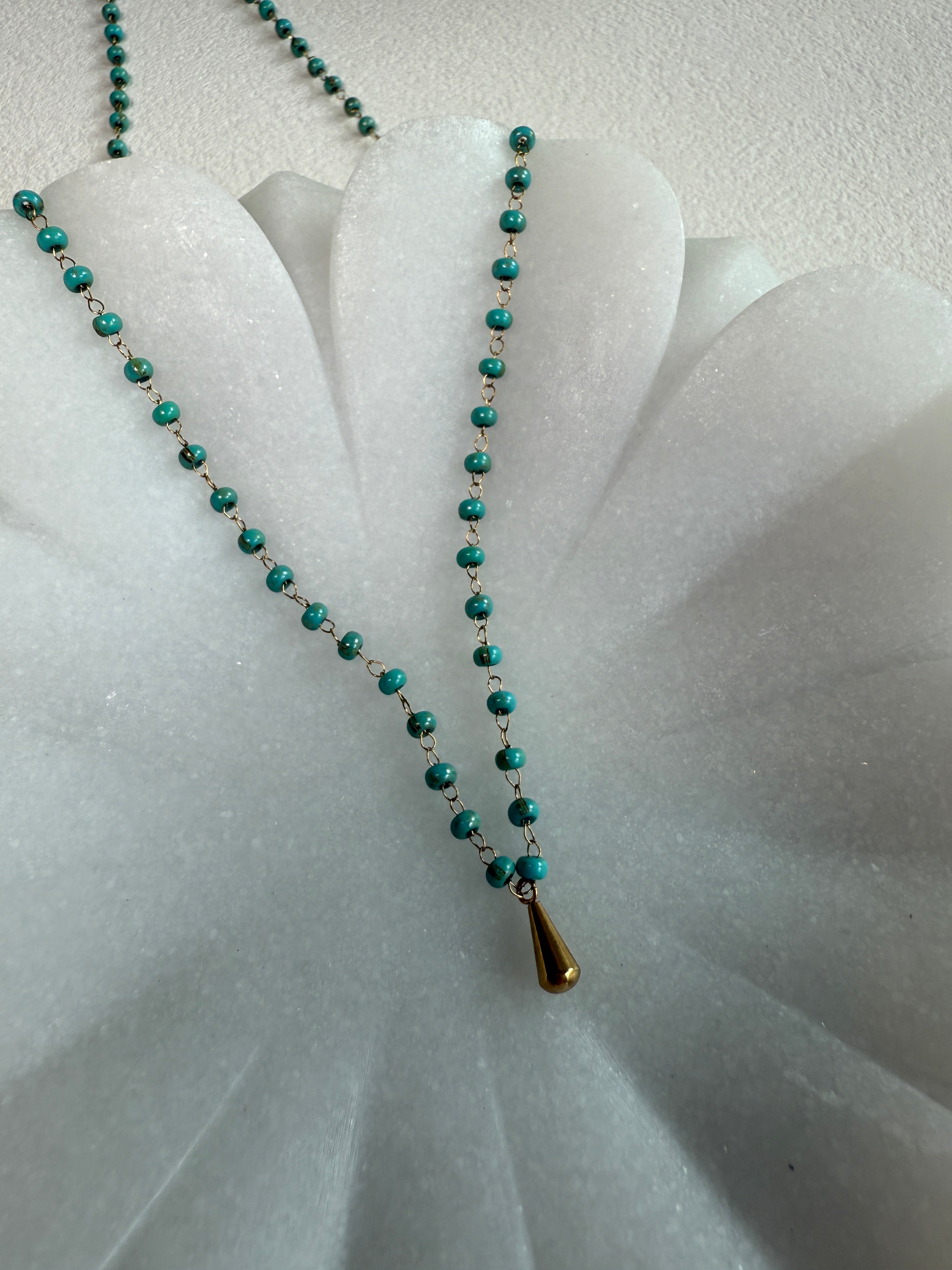 18K Golden Drop Charm Seed Beads Chain Necklace