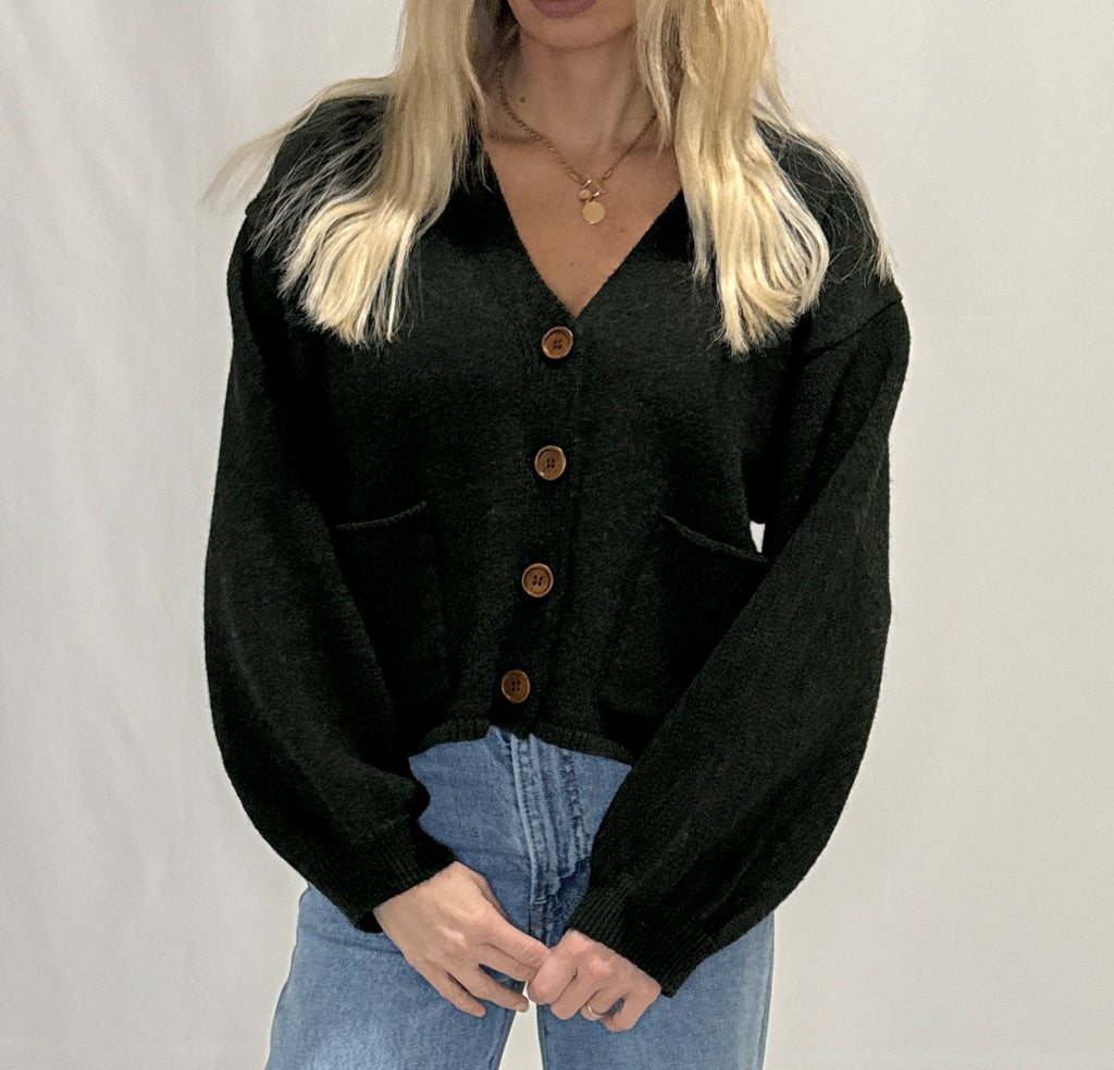V-Neck Cuff Button-Up Long Sleeve Cardigan Sweater