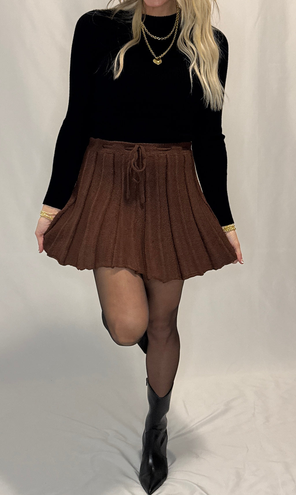 Pleated Ribbed Knit Drawstring Mini Skirt