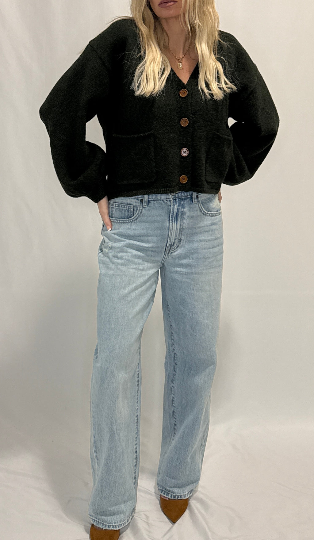 V-Neck Cuff Button-Up Long Sleeve Cardigan Sweater