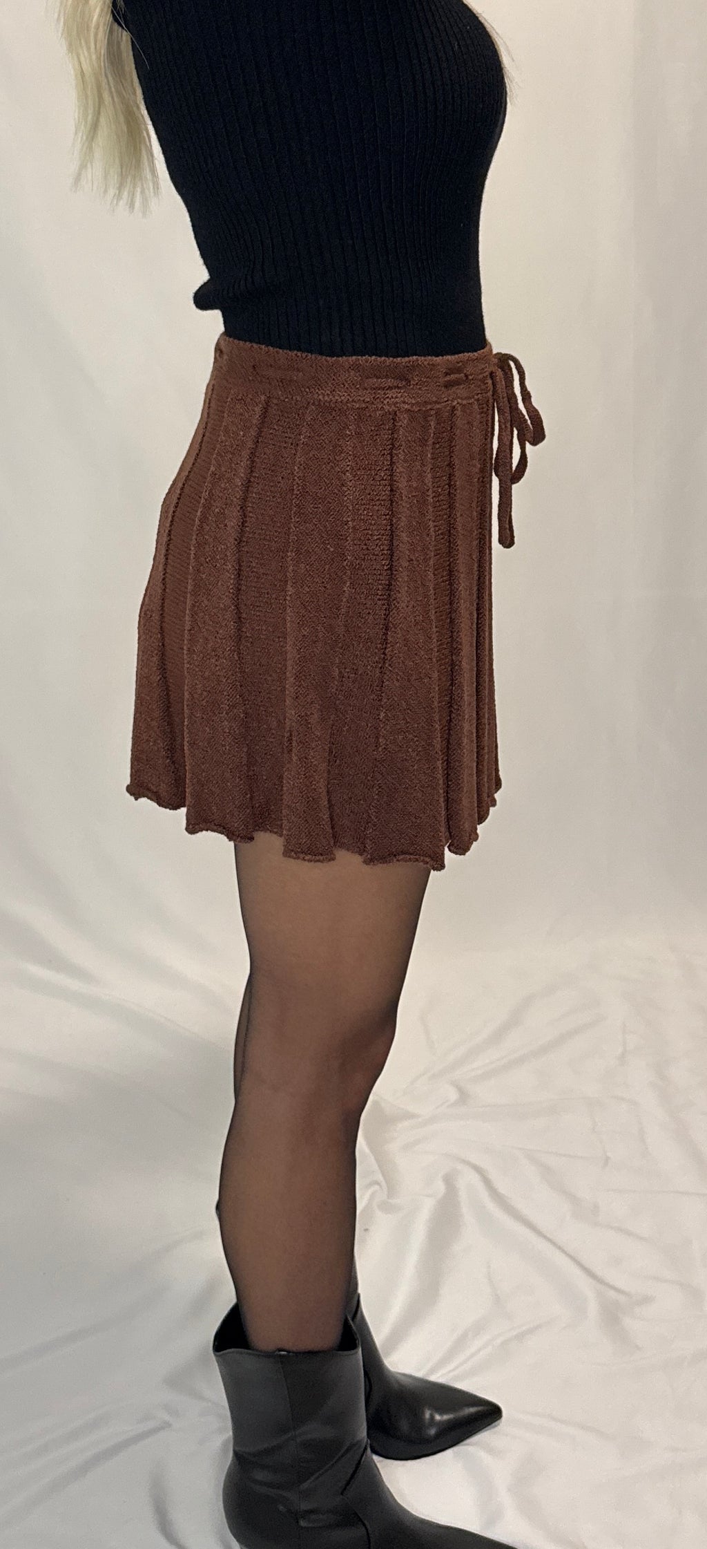 Pleated Ribbed Knit Drawstring Mini Skirt