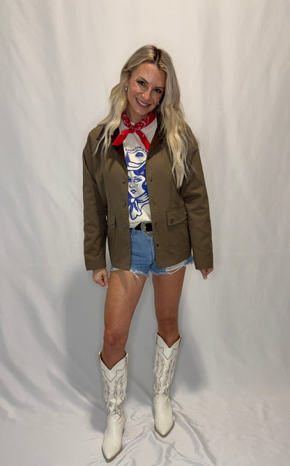 Barn Jacket with Corduroy Collar and Snap Pockets