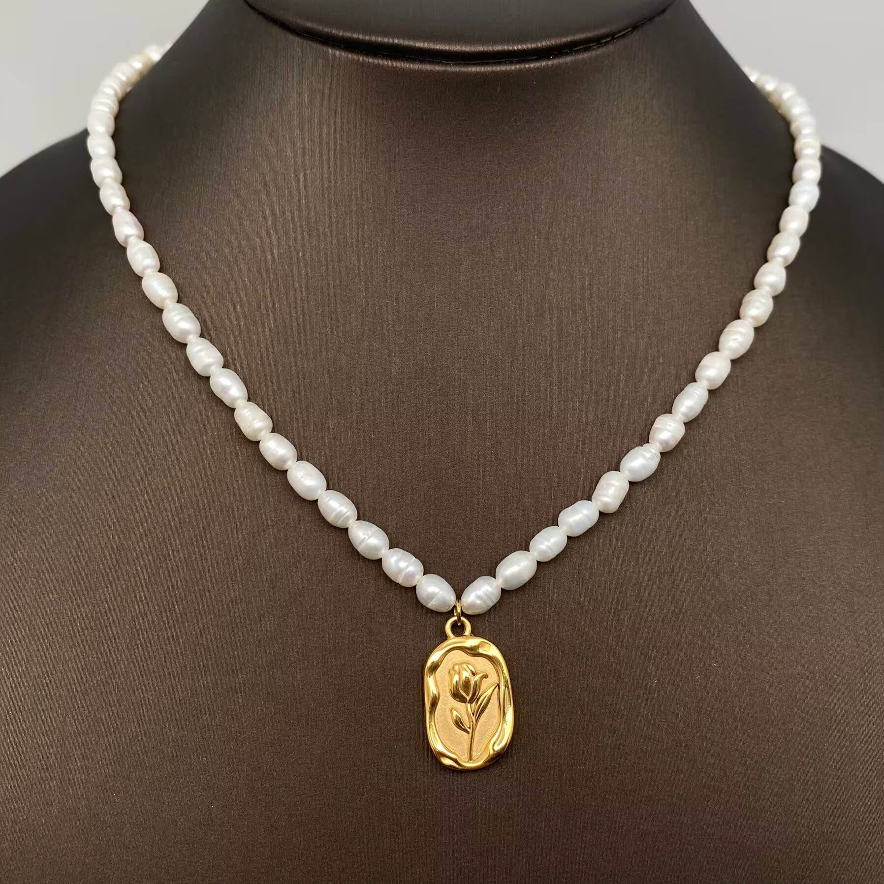 18K Gold Plated SS Flower Charm Pearl Beaded Necklace