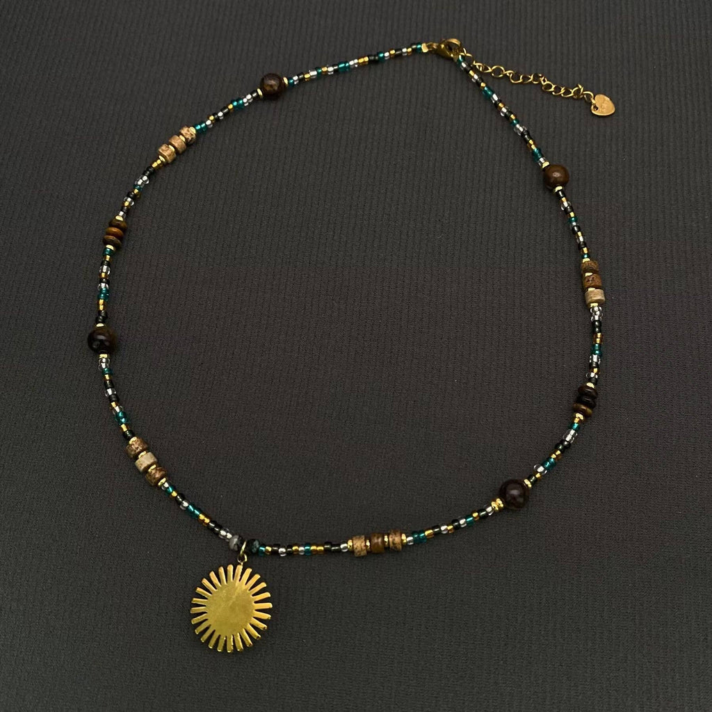 18K Golden SS Sun Charm Stone Beaded Necklace
