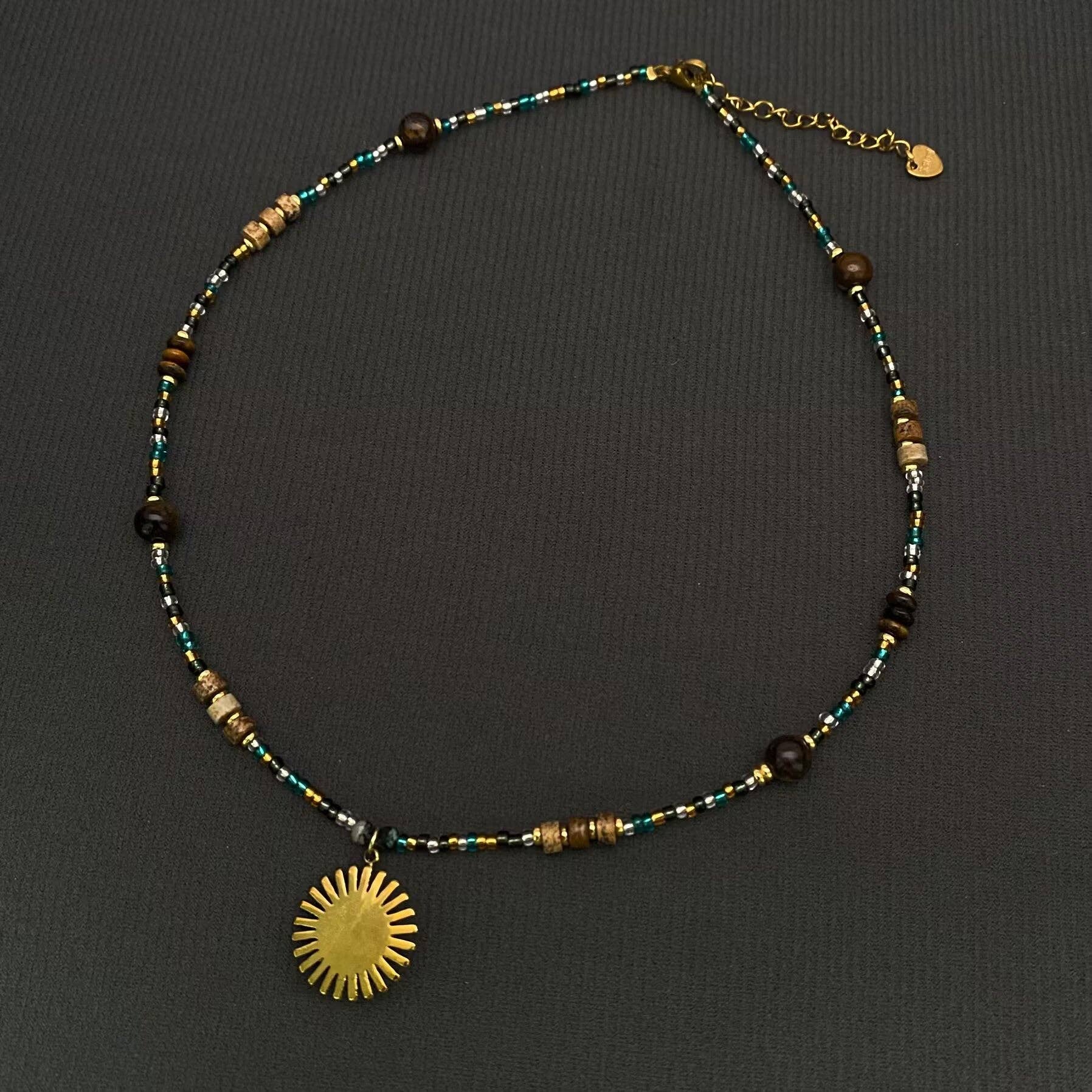 18K Golden SS Sun Charm Stone Beaded Necklace