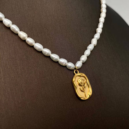 18K Gold Plated SS Flower Charm Pearl Beaded Necklace