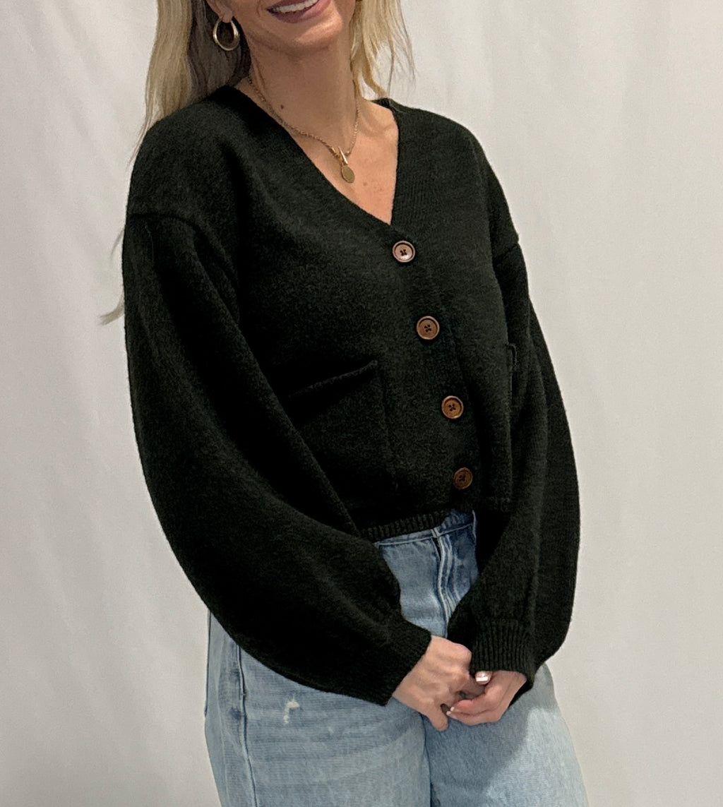 V-Neck Cuff Button-Up Long Sleeve Cardigan Sweater