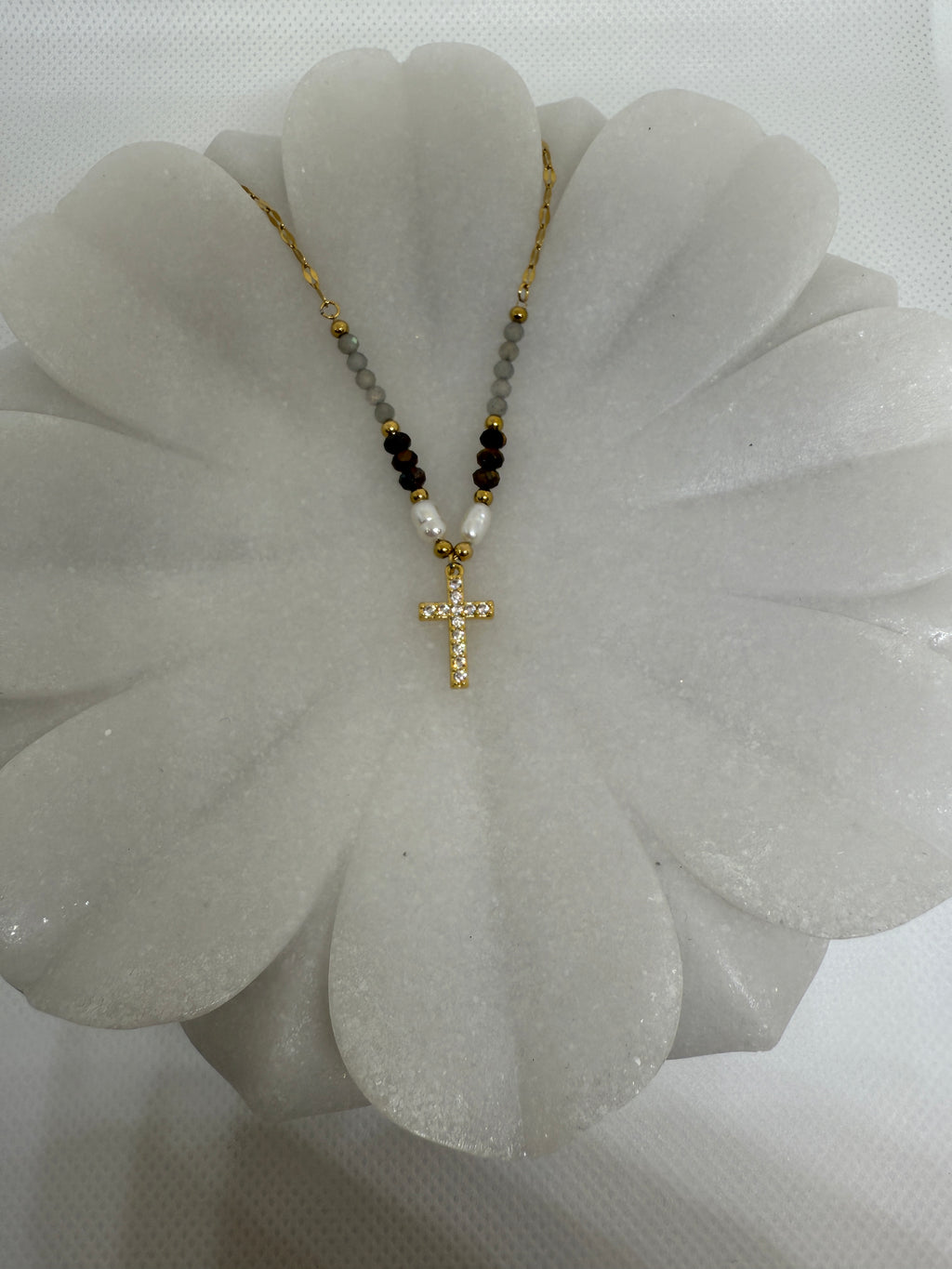 Lumiere 18K Gold Cross Necklace with Beads and Pearls