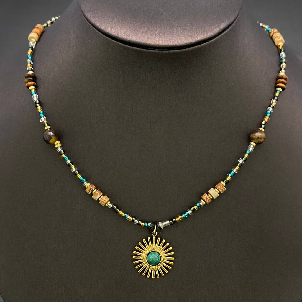 18K Golden SS Sun Charm Stone Beaded Necklace