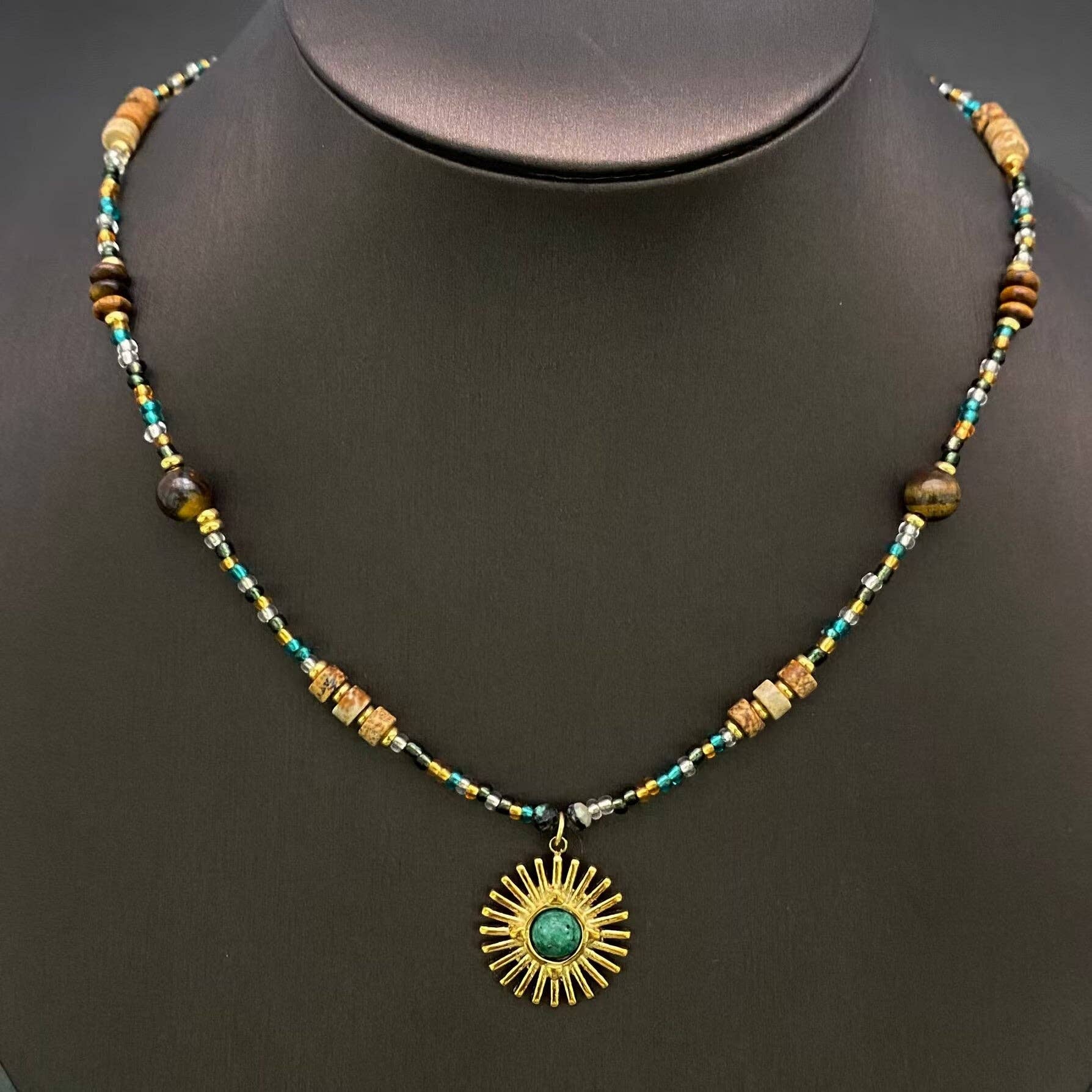 18K Golden SS Sun Charm Stone Beaded Necklace