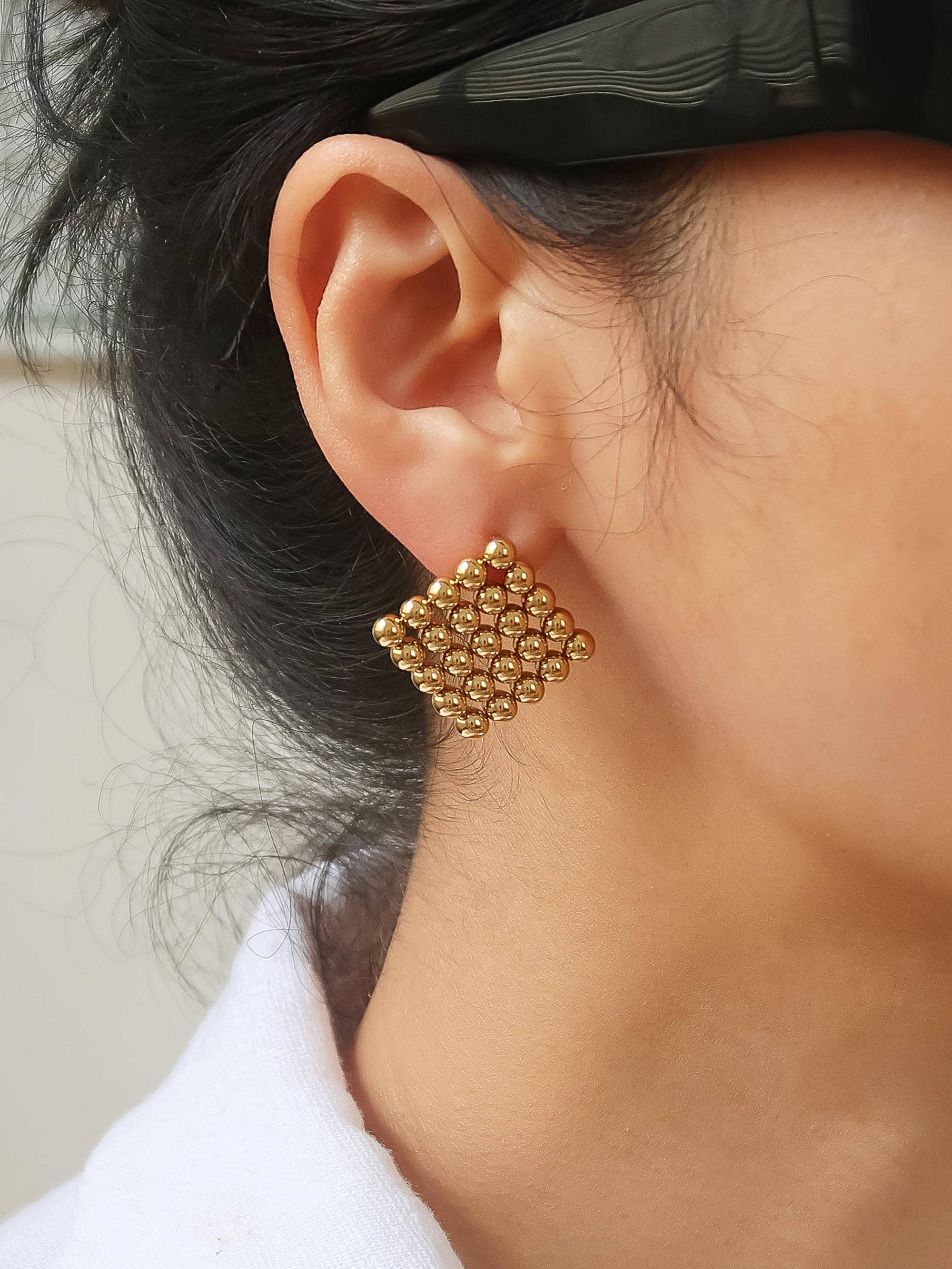 Therese 18K Gold Non-Tarnish Beaded Square Earrings