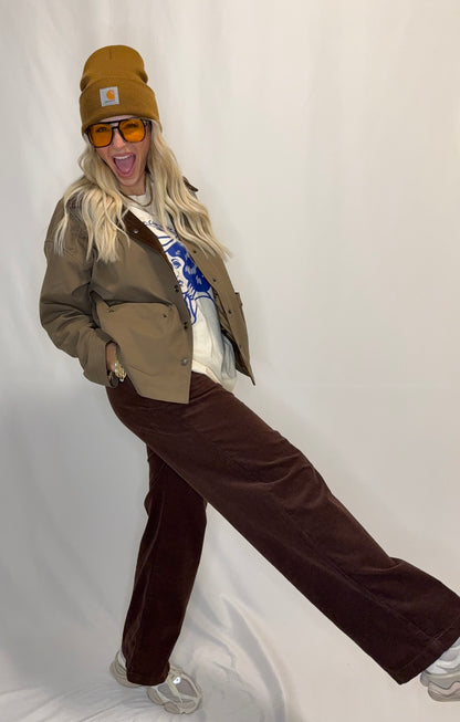 Barn Jacket with Corduroy Collar and Snap Pockets