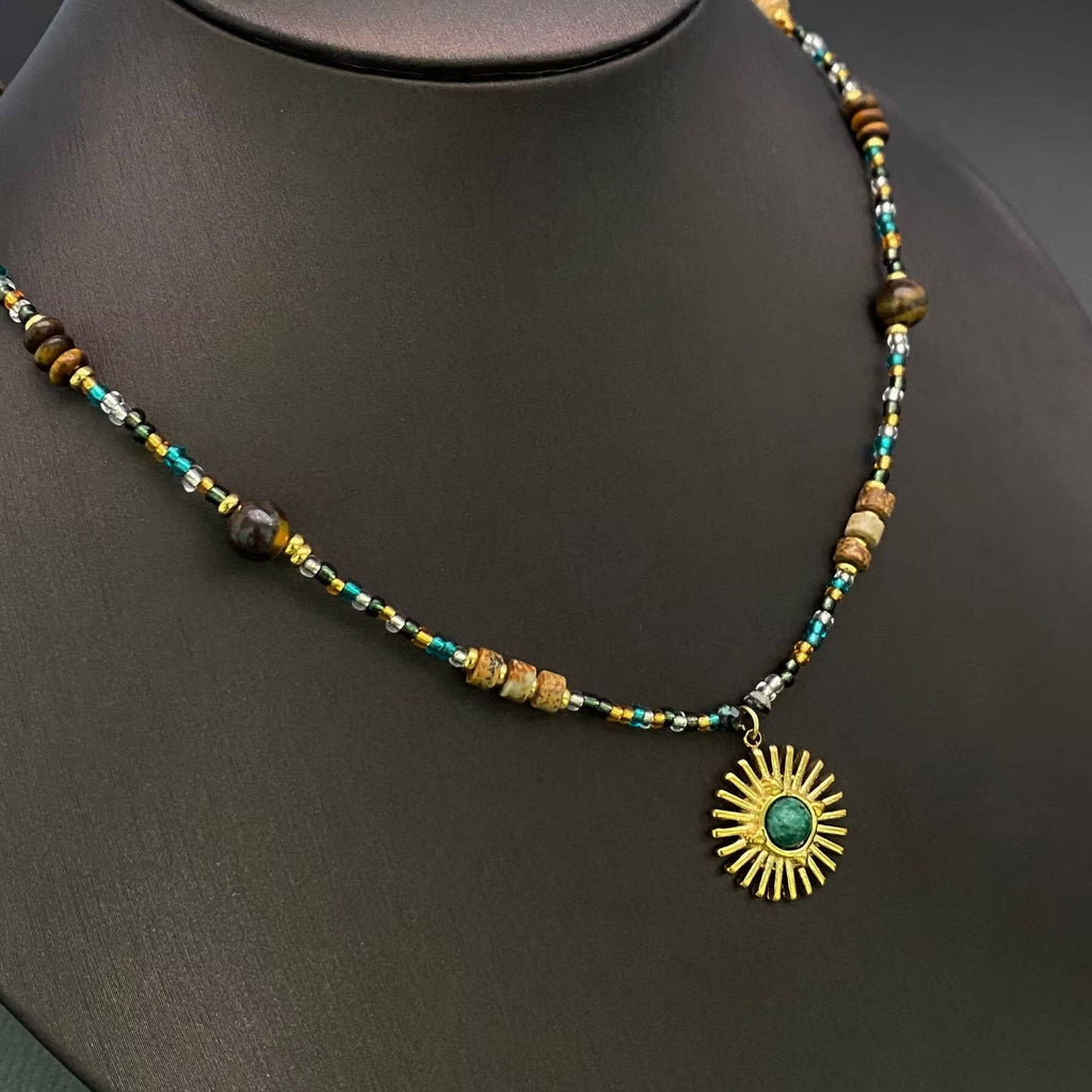 18K Golden SS Sun Charm Stone Beaded Necklace