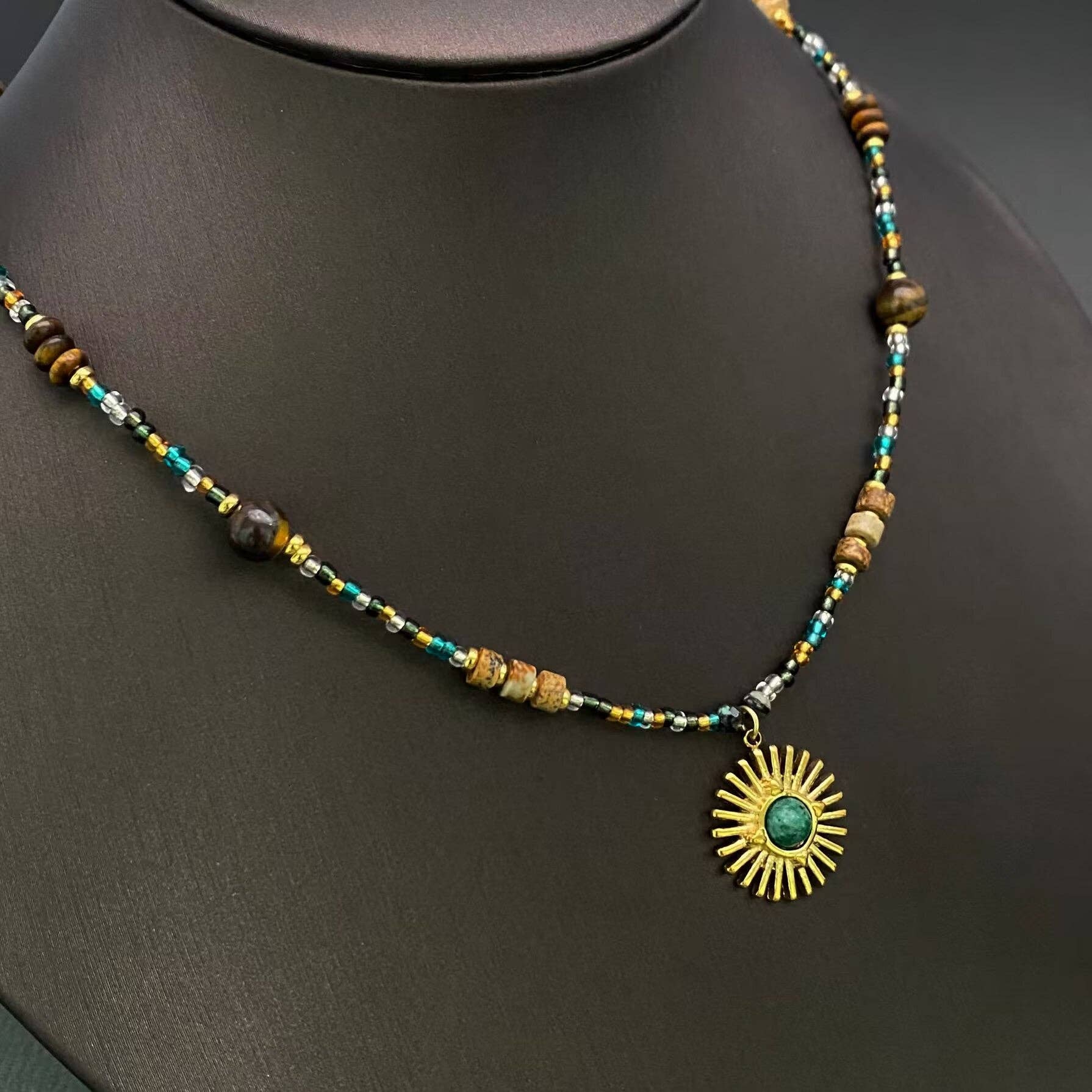 18K Golden SS Sun Charm Stone Beaded Necklace