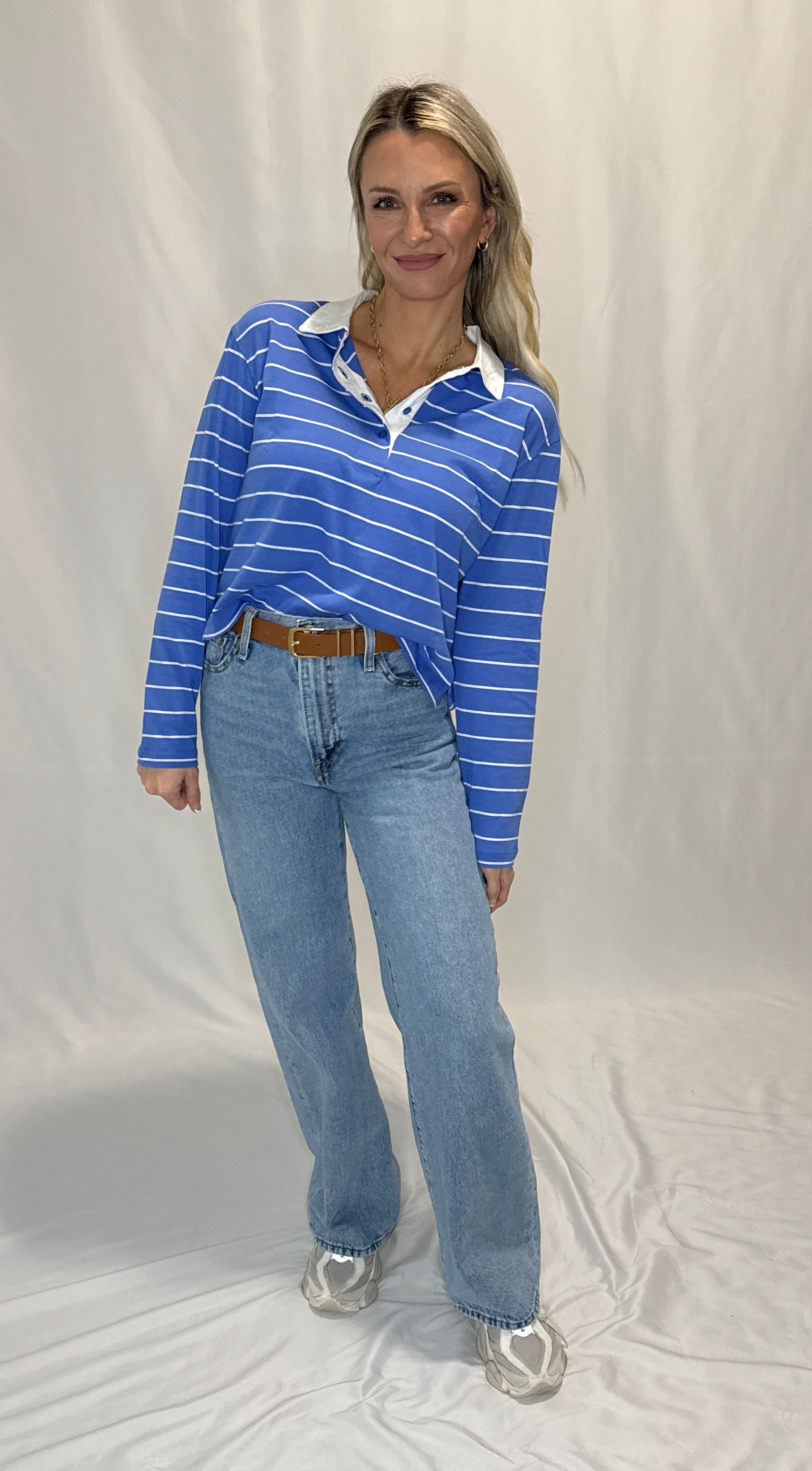 Long Sleeve Stripe Cotton Polo Shirt