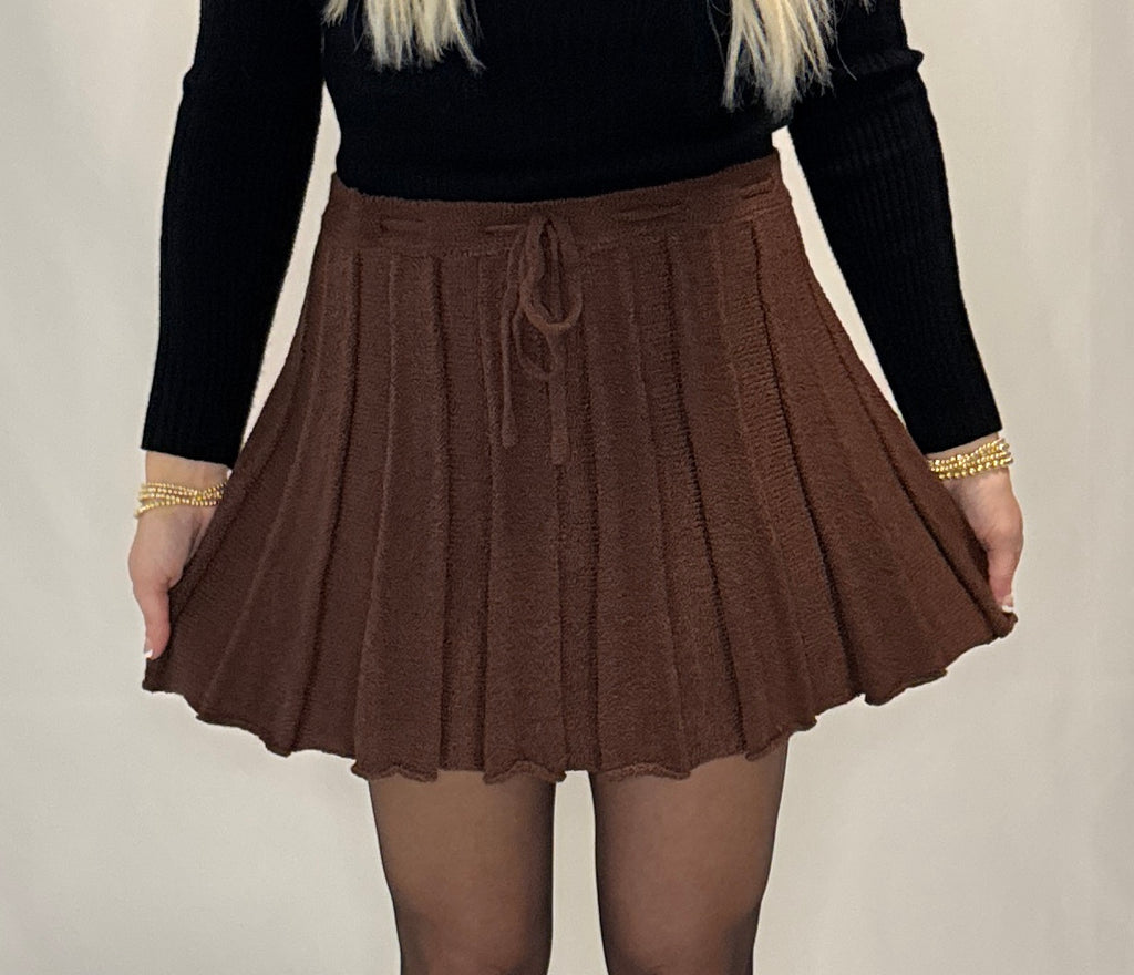 Pleated Ribbed Knit Drawstring Mini Skirt