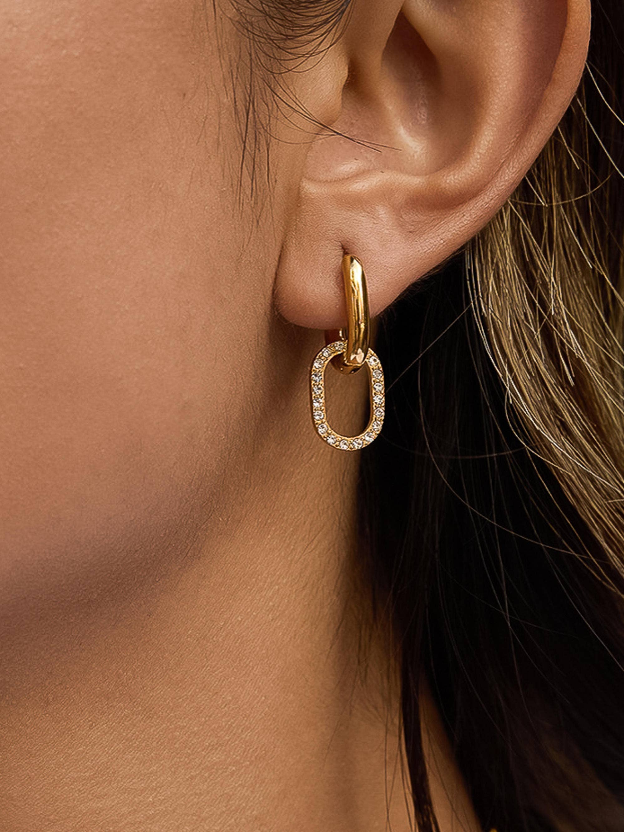 Serenelle 18K Gold Non-Tarnish CZ Oval Link Drop Earrings