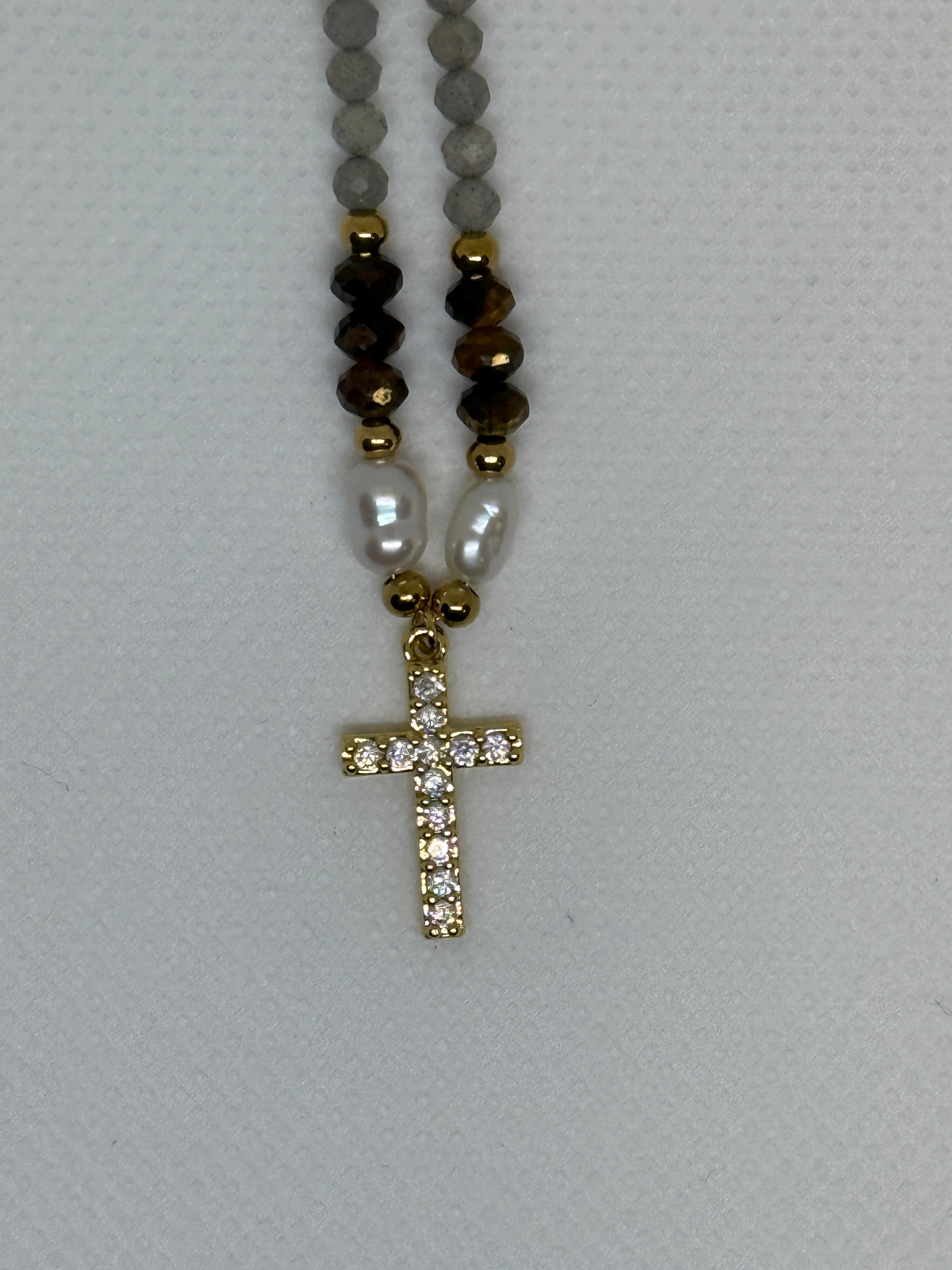 Lumiere 18K Gold Cross Necklace with Beads and Pearls