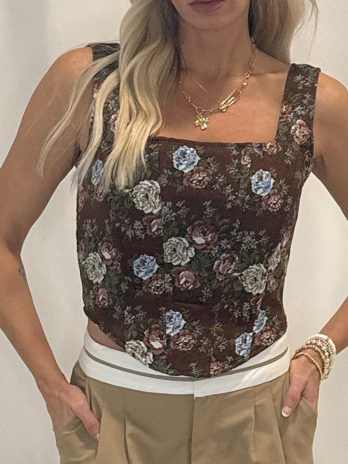 LACE UP JACQUARD BUSTIER TOP