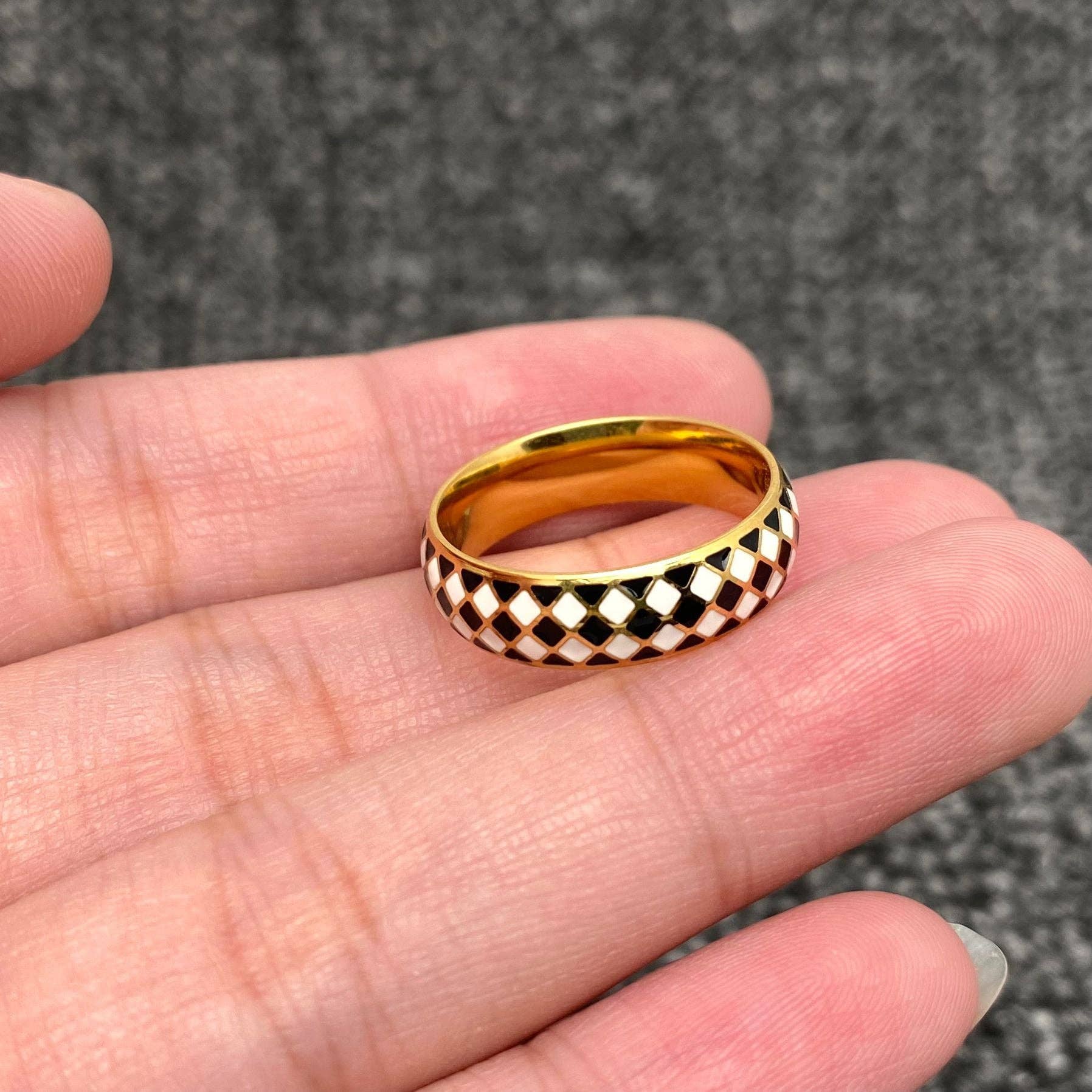 Enamel Black and White Grid 18K Gold Plated Ring