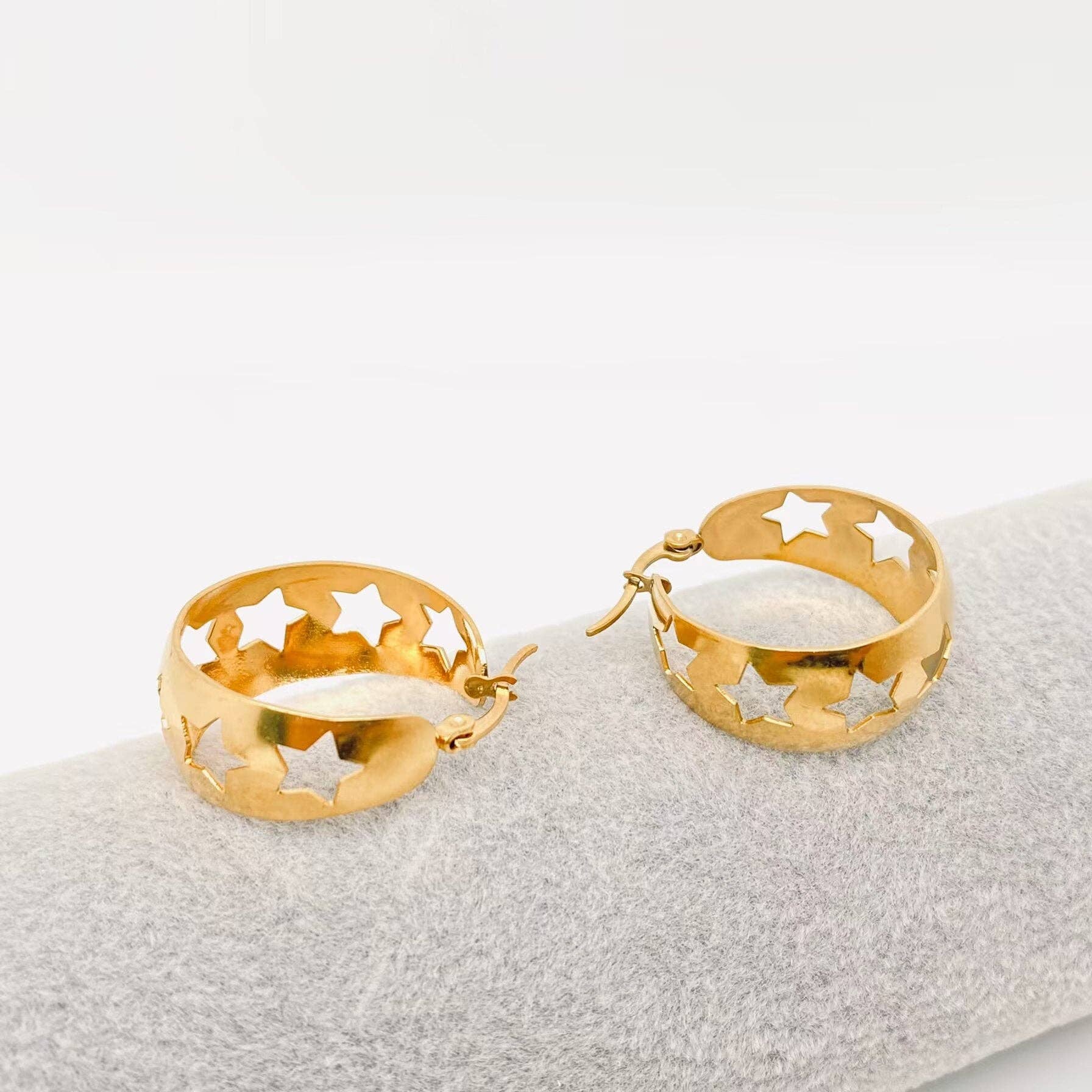 Hollow Stars Gold Plated Stainless Steel Hoop Earrings