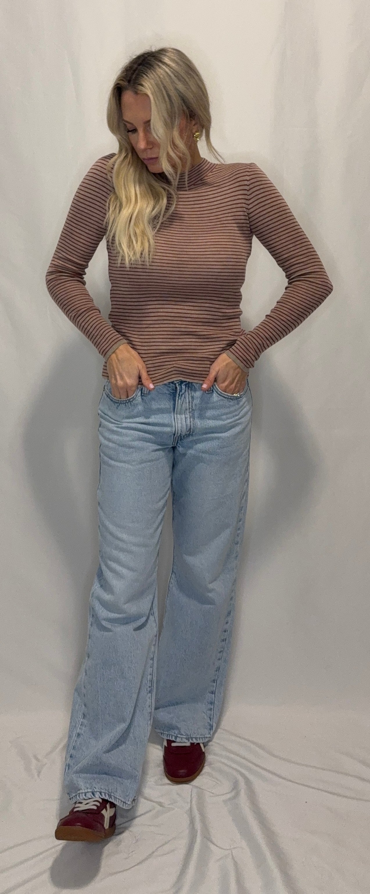 Striped Mock Neck Long Sleeve Top