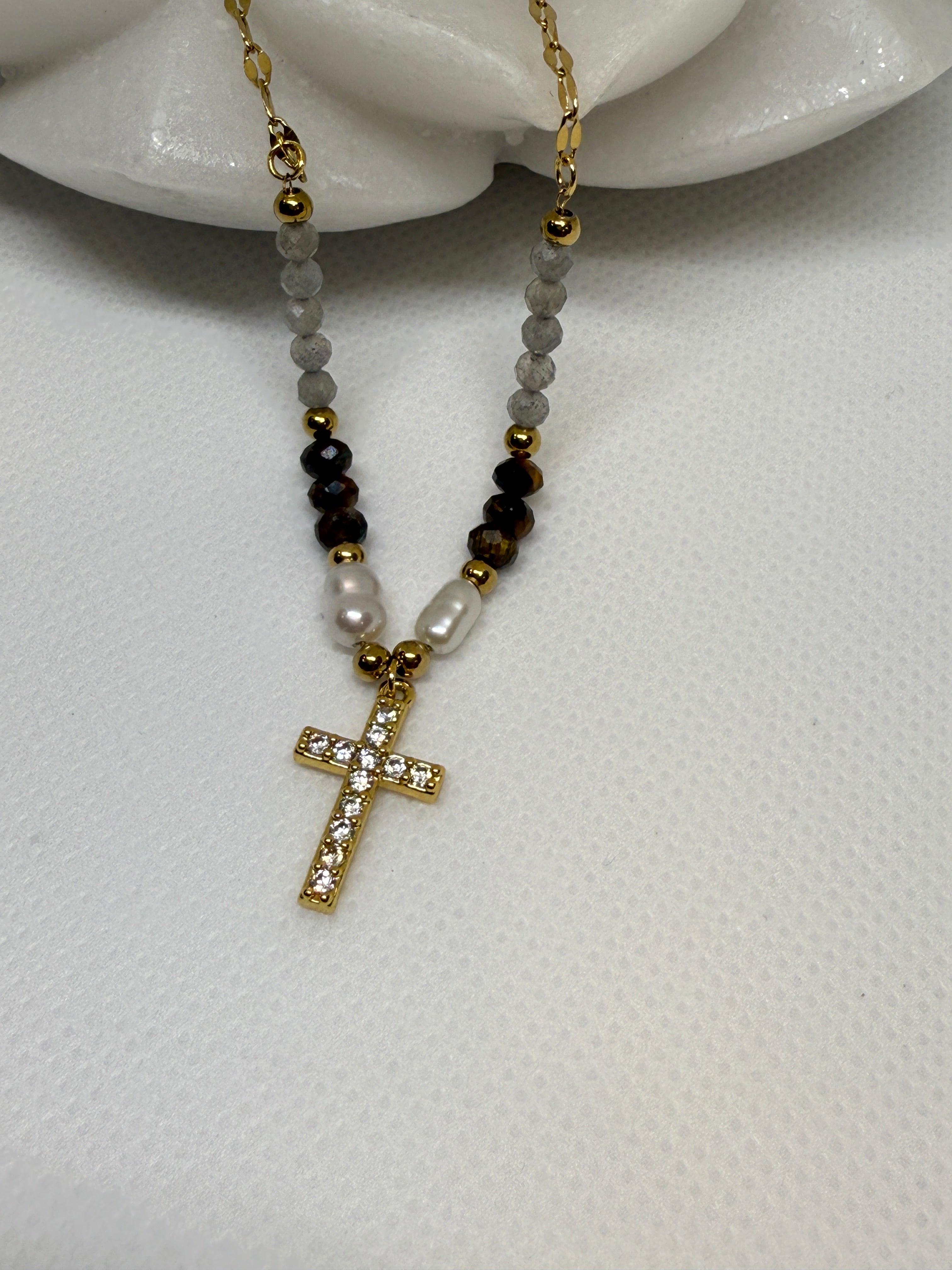 Lumiere 18K Gold Cross Necklace with Beads and Pearls