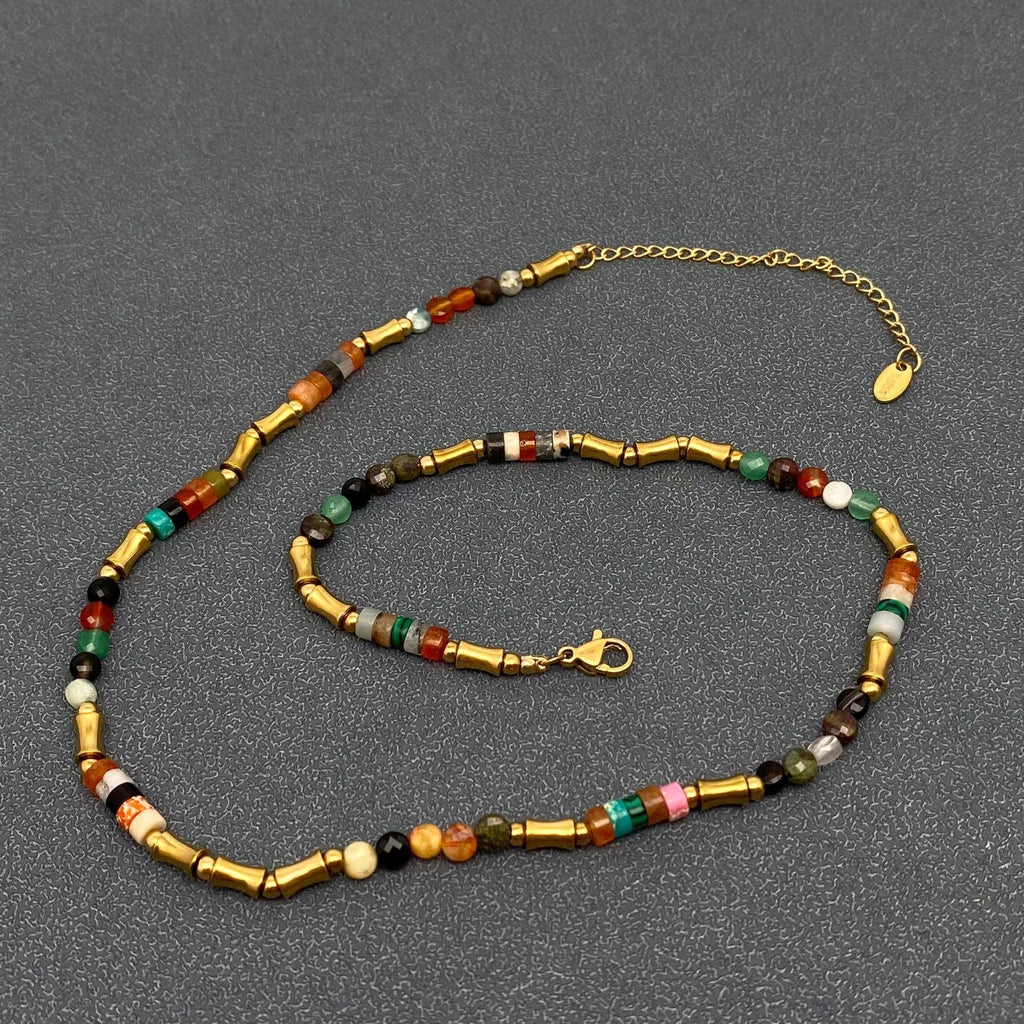 Crystal & Stone & 18K Gold Plated SS Beaded Necklace