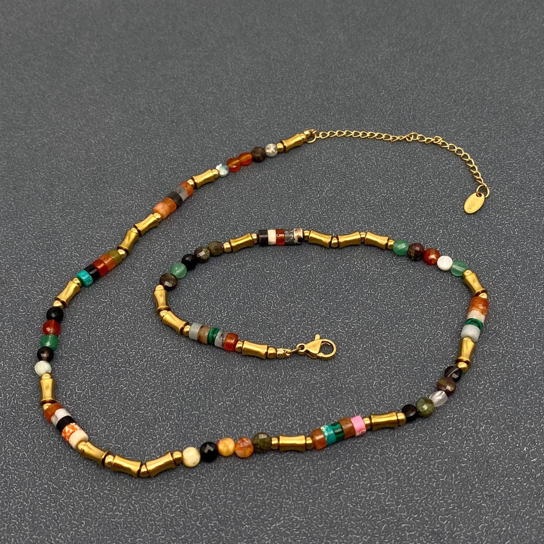 Crystal & Stone & 18K Gold Plated SS Beaded Necklace