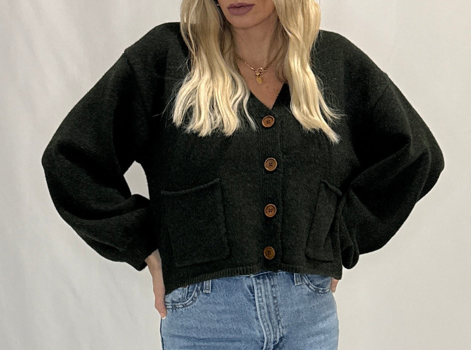 V-Neck Cuff Button-Up Long Sleeve Cardigan Sweater