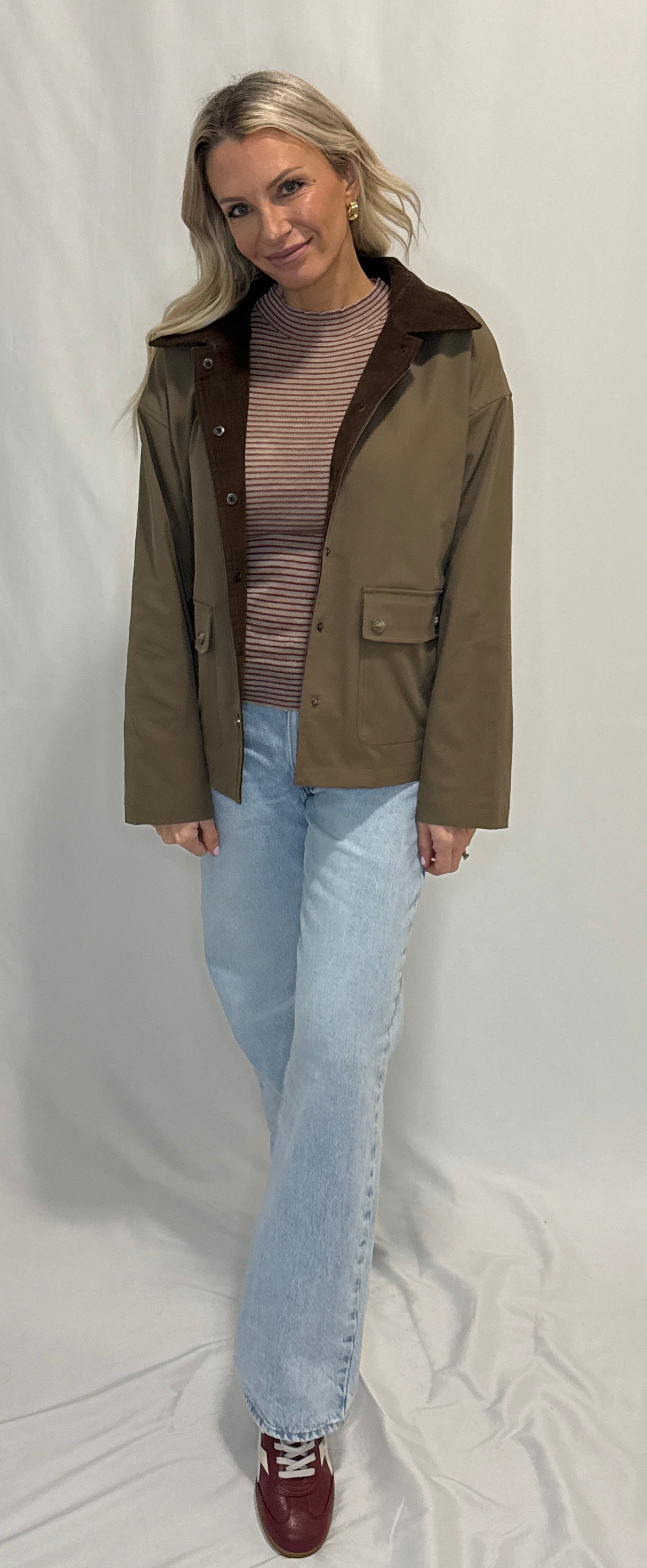 Barn Jacket with Corduroy Collar and Snap Pockets