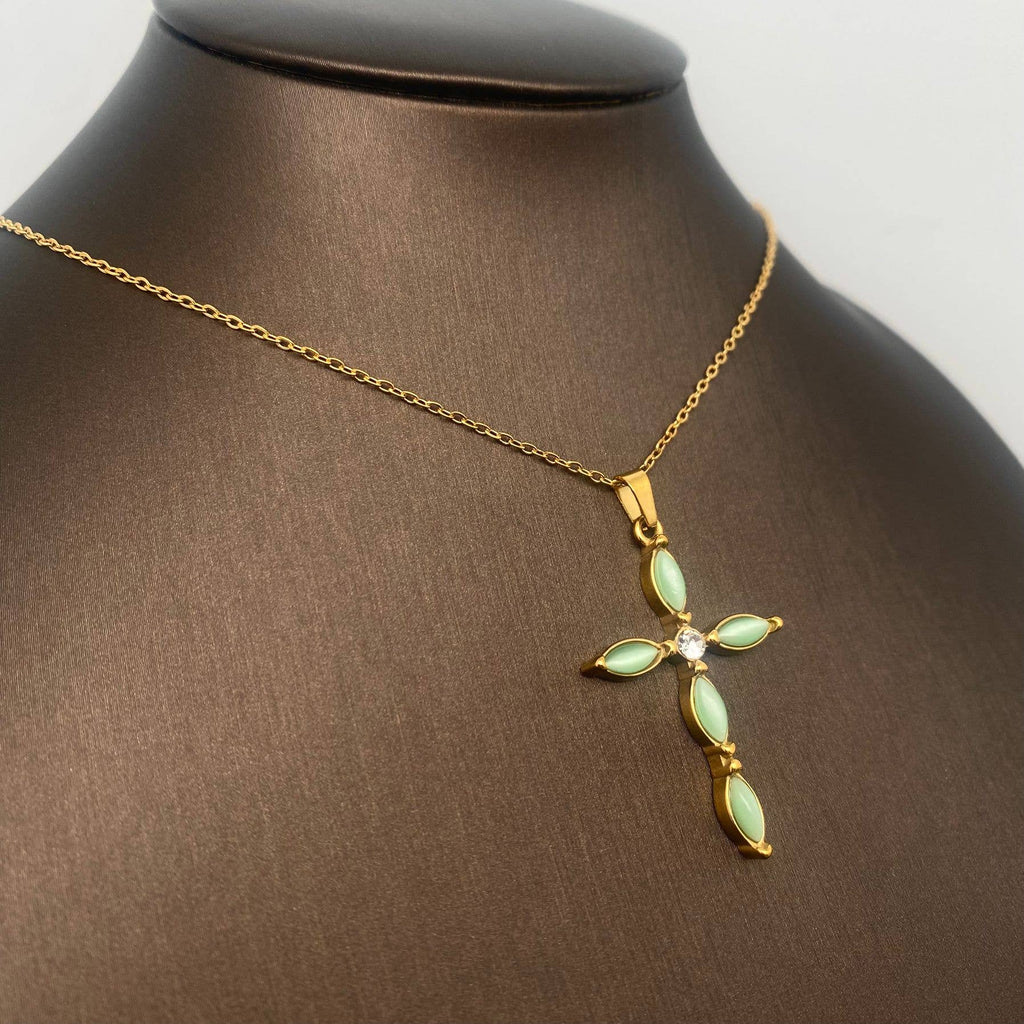 Cat's Eye stone Inlaid Cross 18K Golden SS Necklace