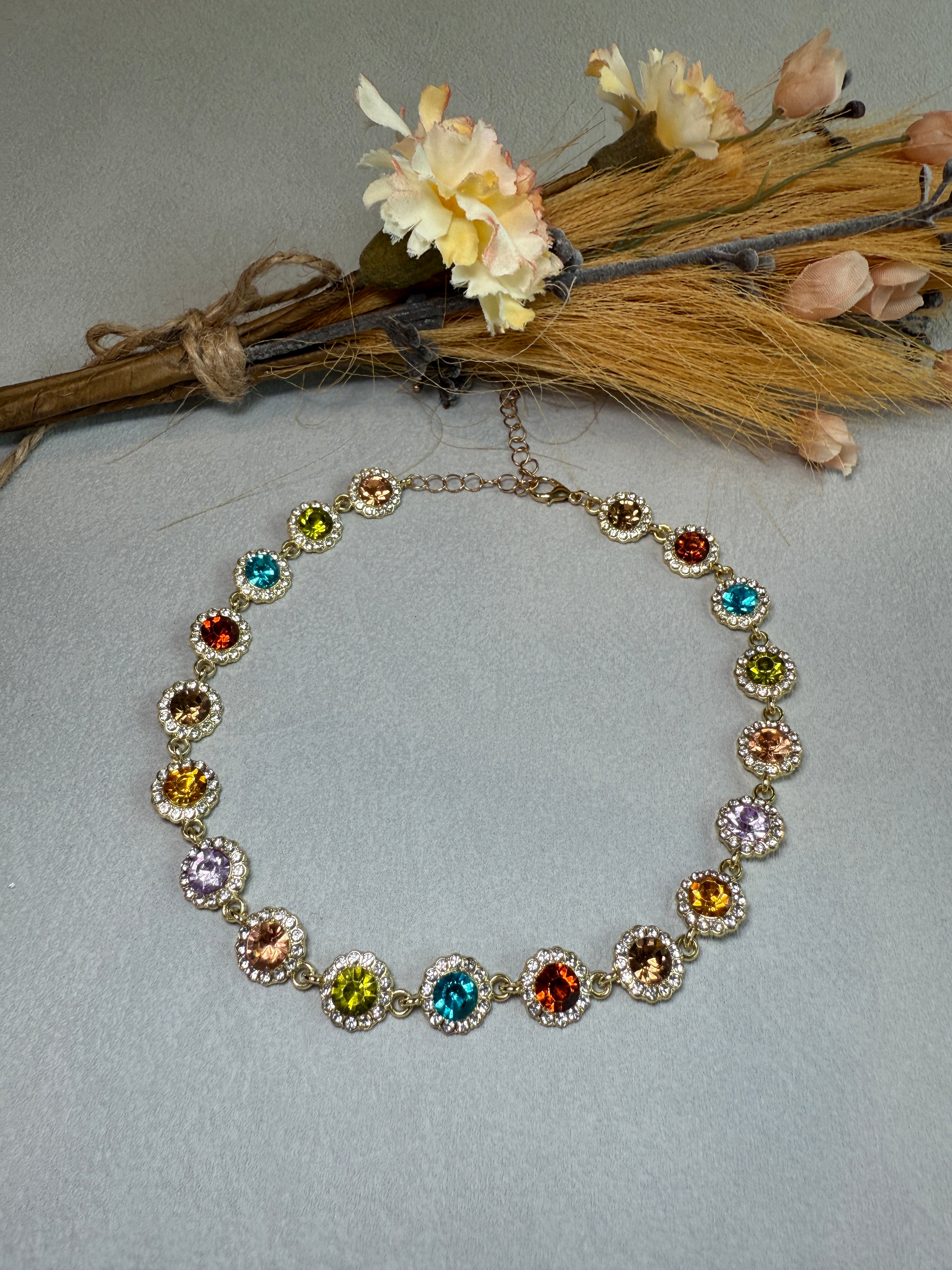 Colored Rhinestone Chain Choker Necklace