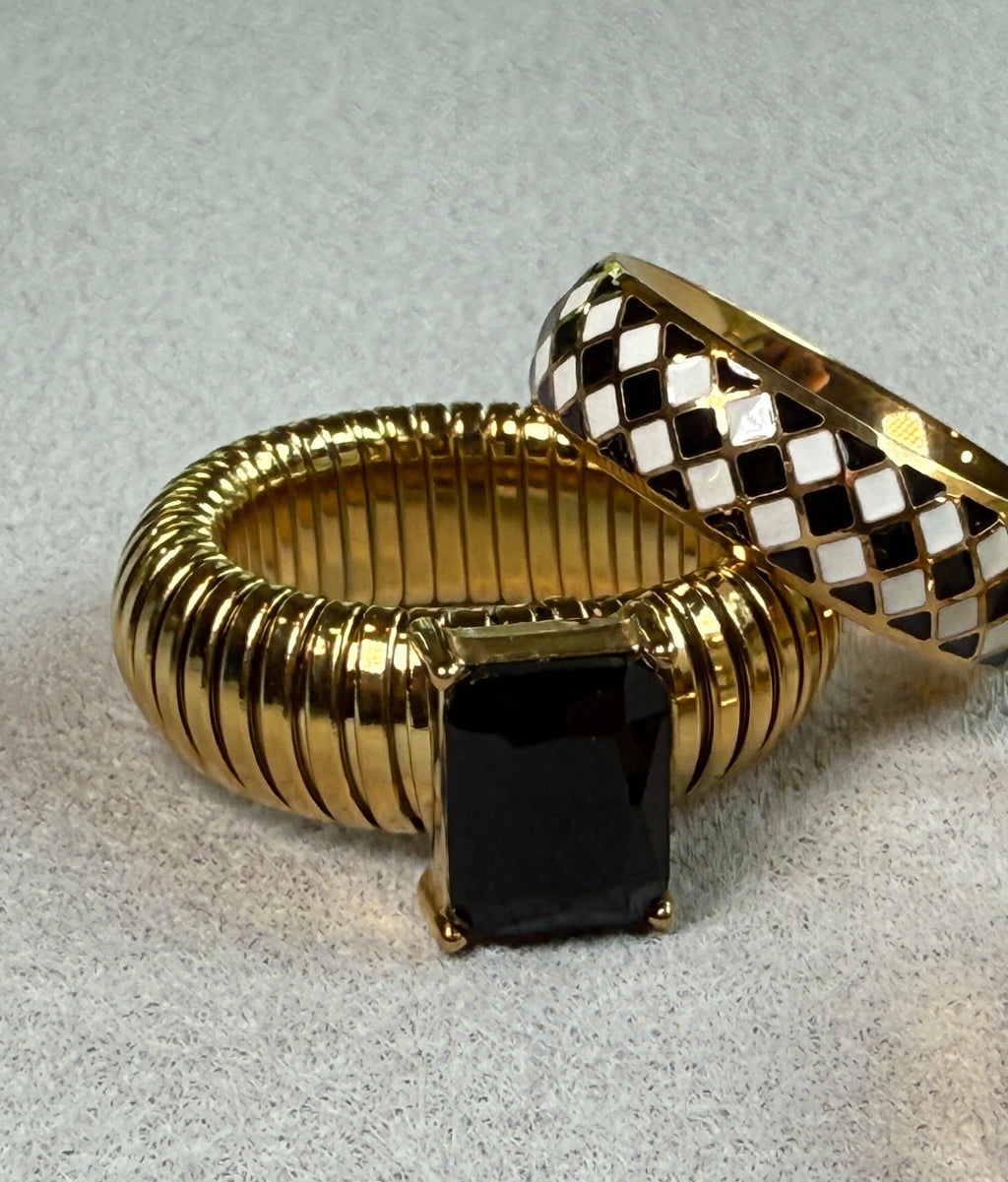 Zircon 18K Gold Plated Stainless Steel Striped Ring