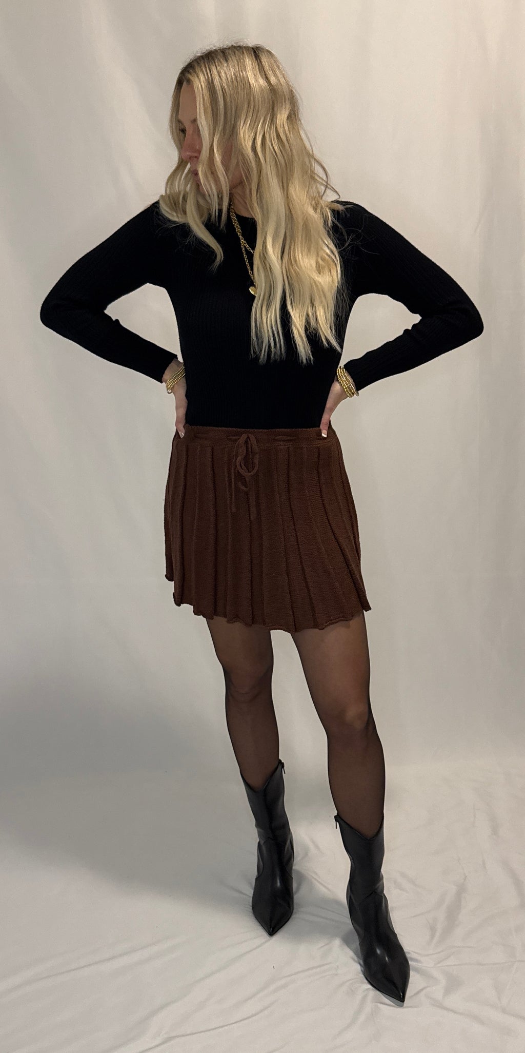 Pleated Ribbed Knit Drawstring Mini Skirt