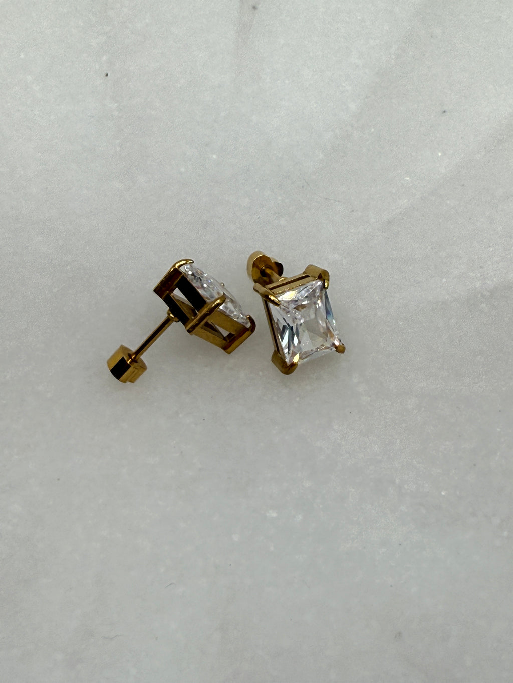 Avenn 18K Gold Non-Tarnish Rectangle CZ Flat Back Earrings