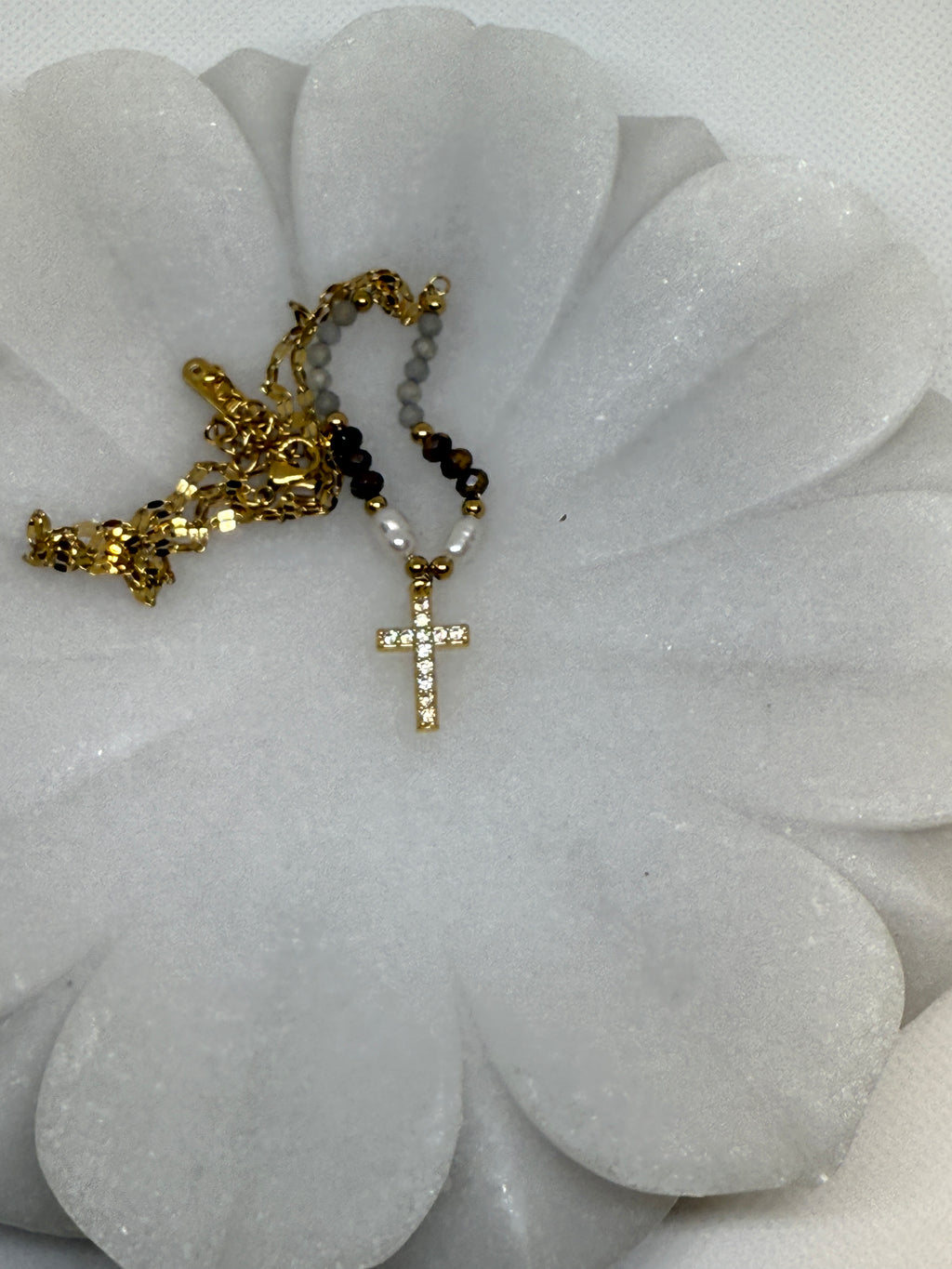 Lumiere 18K Gold Cross Necklace with Beads and Pearls