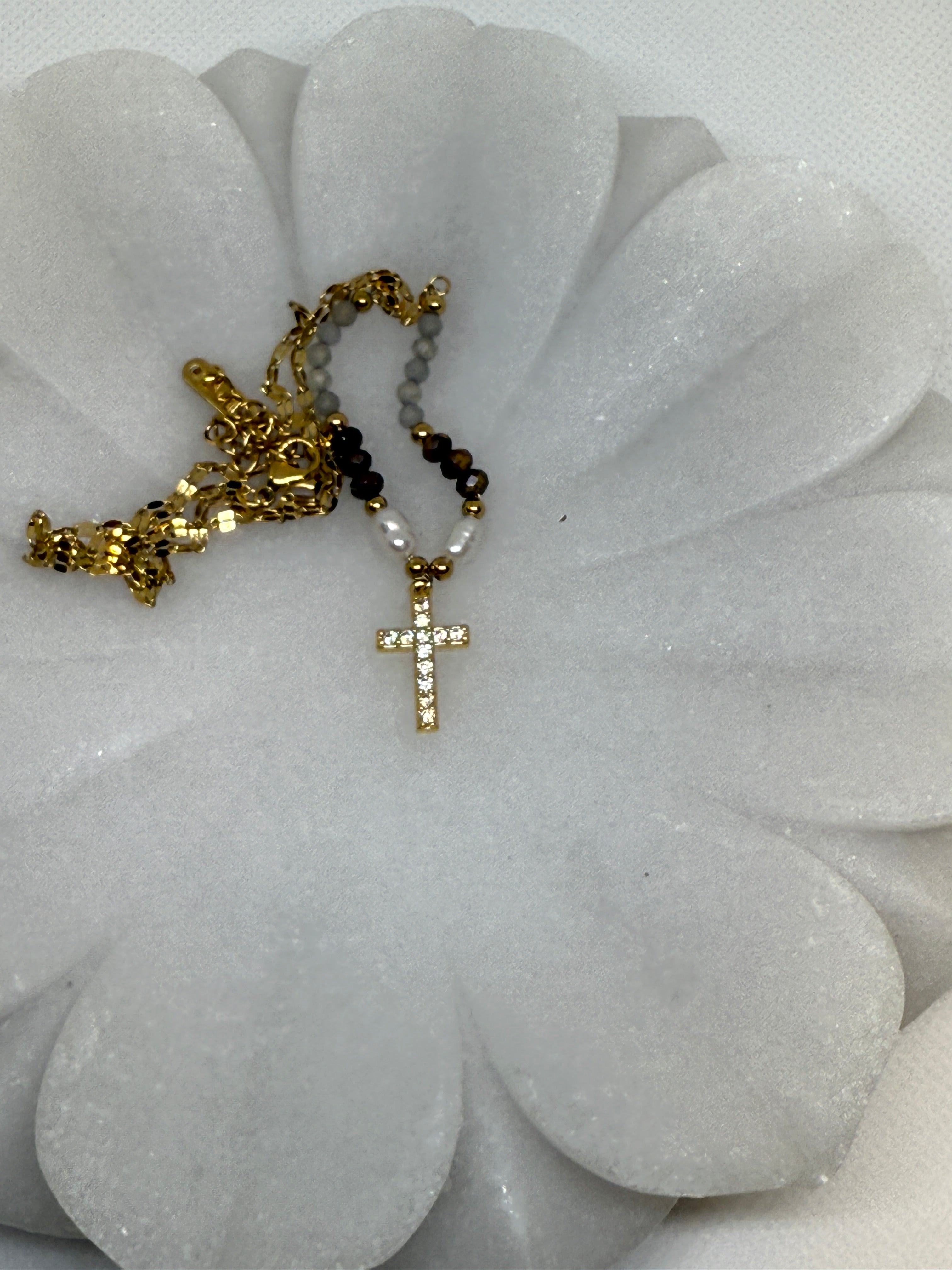 Lumiere 18K Gold Cross Necklace with Beads and Pearls