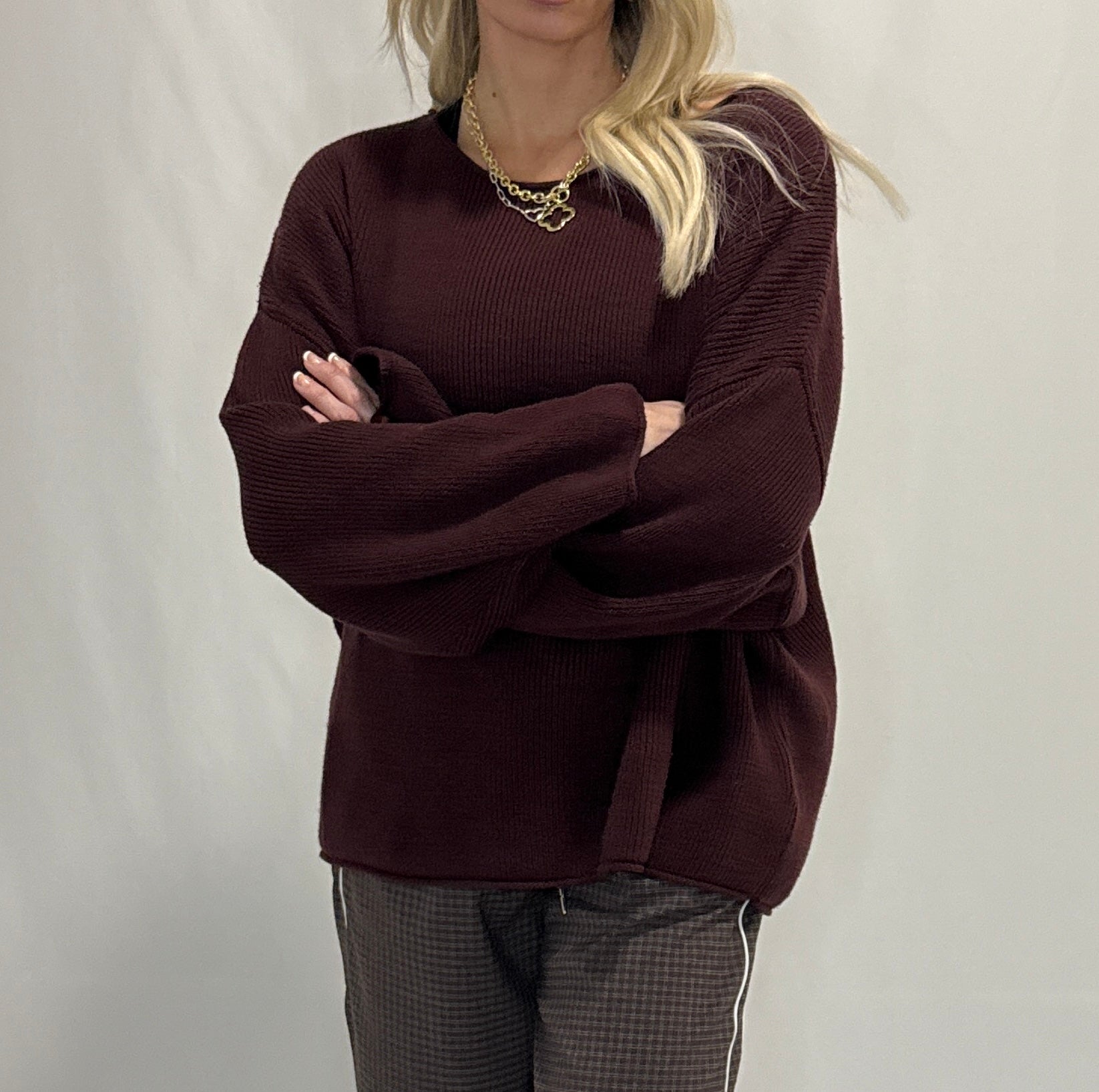 Solid Rib-Knit Oversized Boatneck Sweater