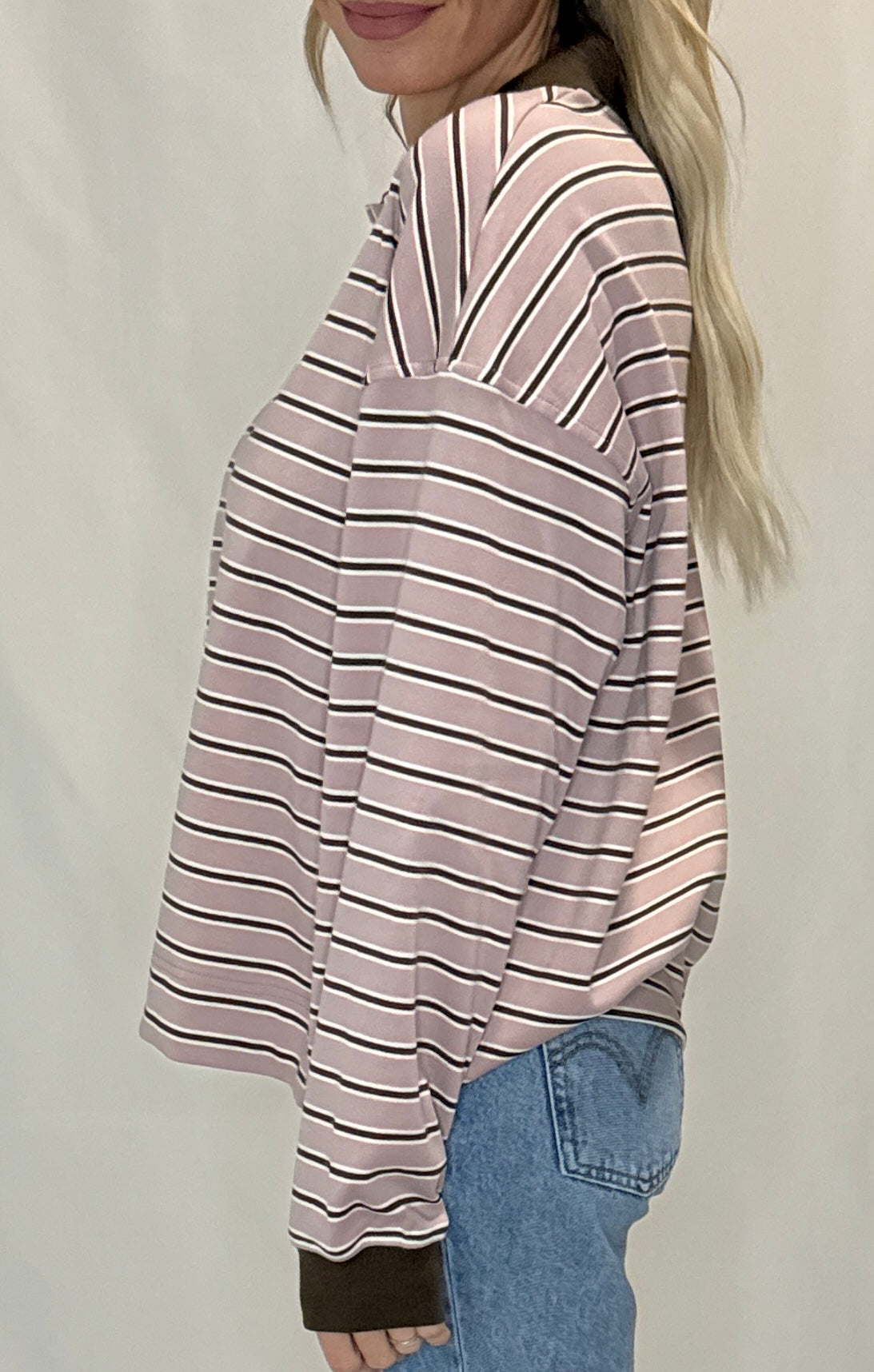 Quarter-Button Striped Collared Long Sleeve Top
