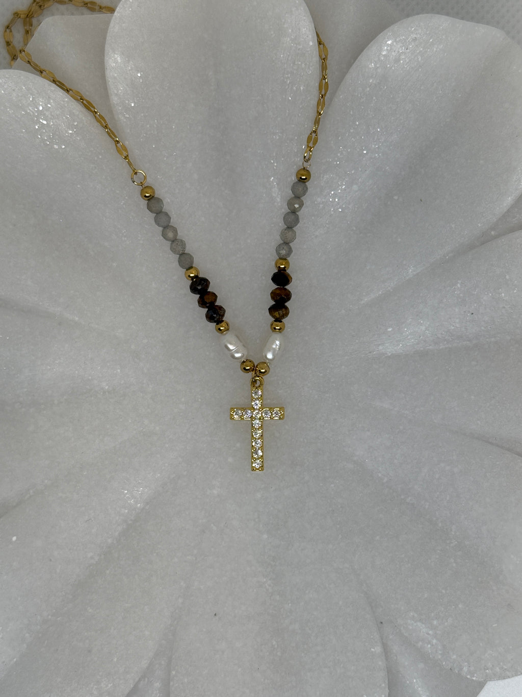 Lumiere 18K Gold Cross Necklace with Beads and Pearls