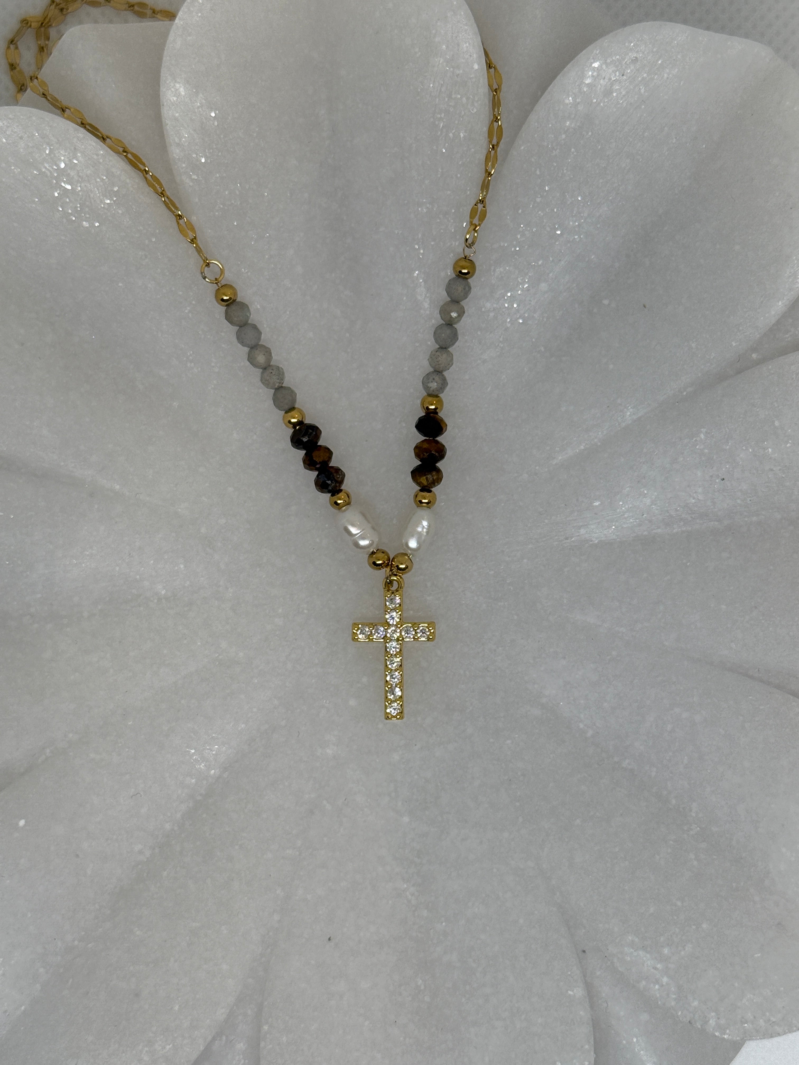Lumiere 18K Gold Cross Necklace with Beads and Pearls