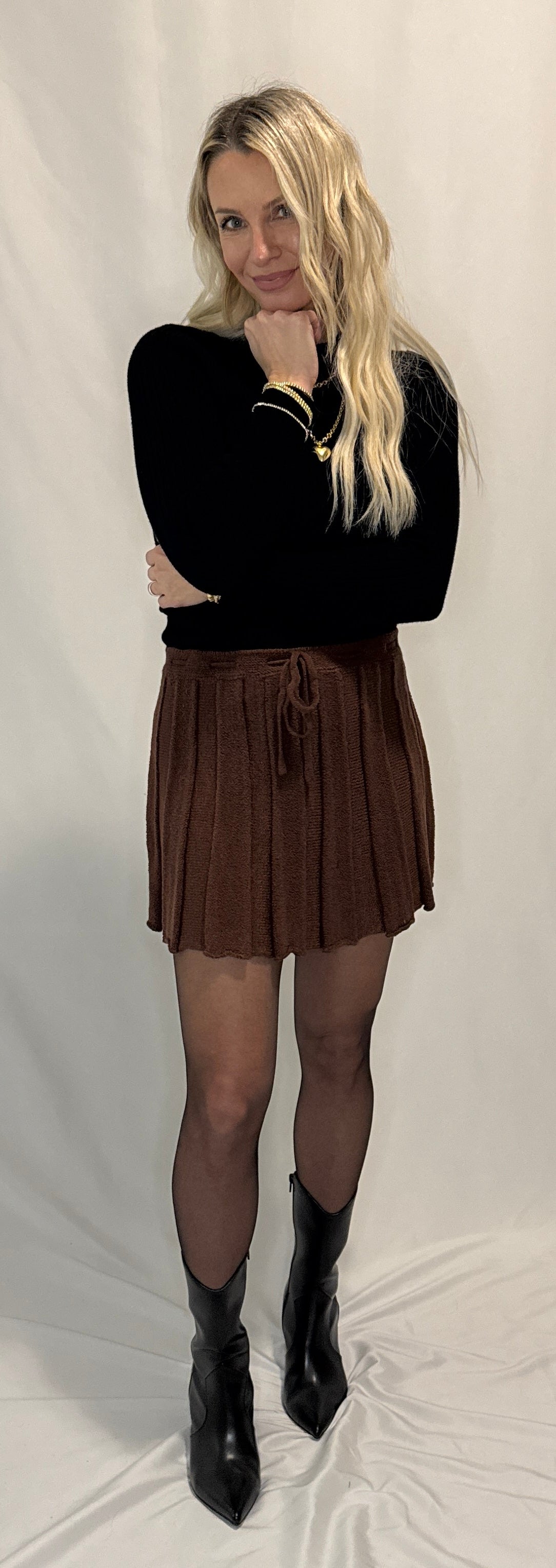 Pleated Ribbed Knit Drawstring Mini Skirt