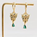 Green Eye Cubic Zirconia Gold Leopard Head Huggie Earrings