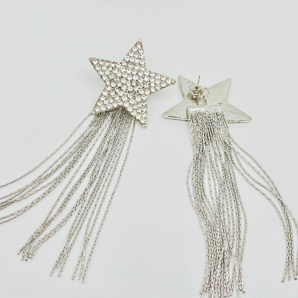 Rhinestone Five-pointed Star Long Tassel Earrings